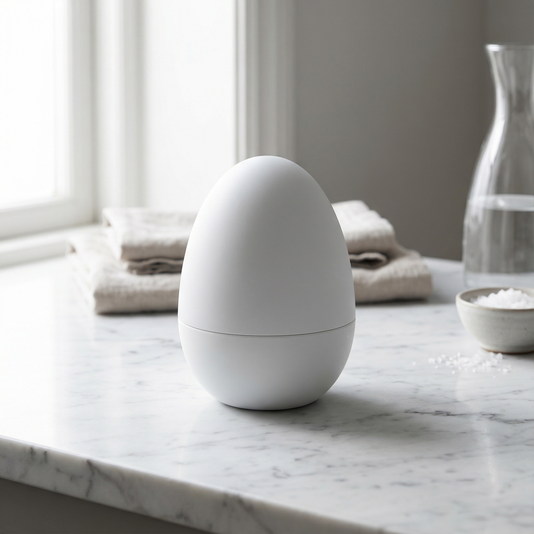 An egg-shaped white minimalist medical device on a clean marble bathroom counter, soft natural morning light, high-end wellness product photography, 1:1 aspect ratio, no text
