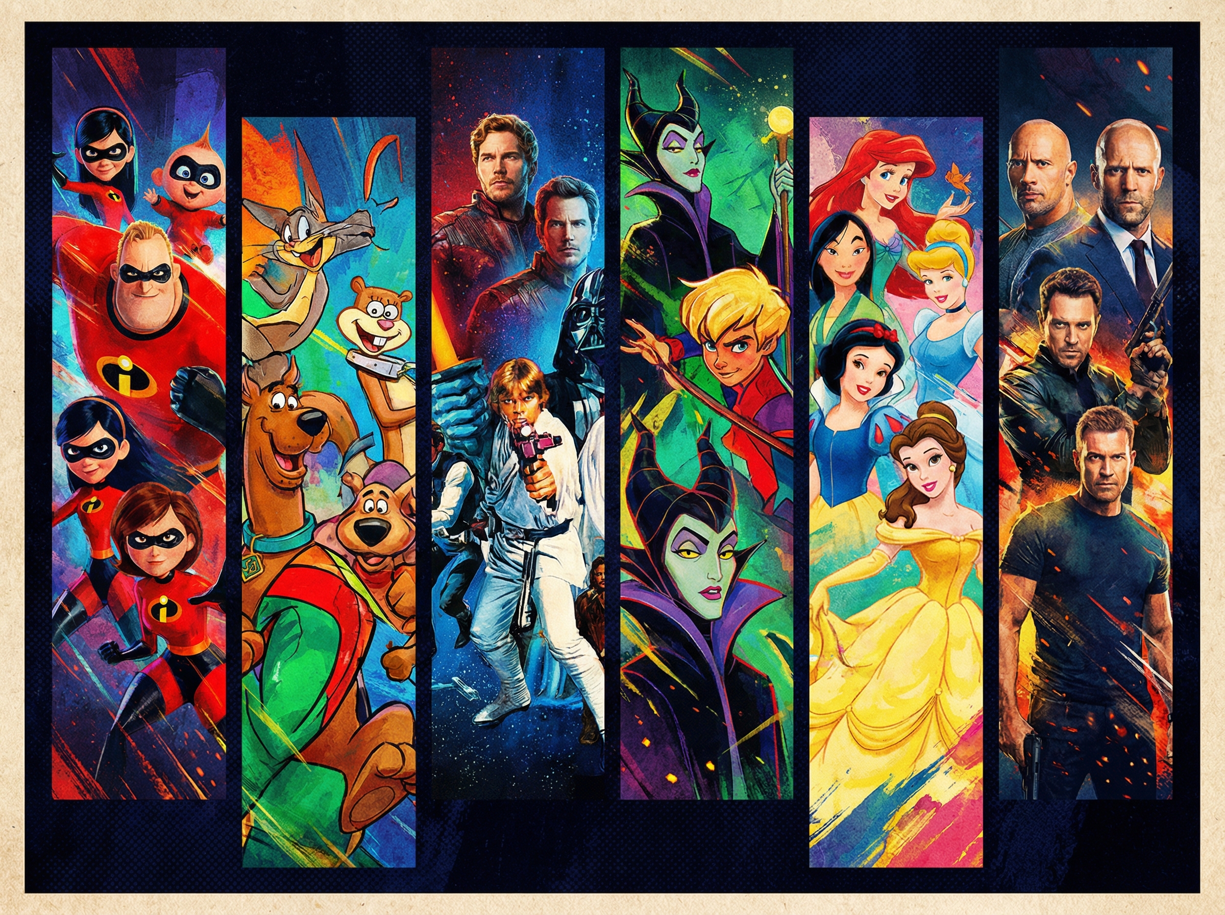 A collage of various animated and live-action characters from popular franchises arranged in vertical strips, dynamic and energetic composition, high contrast, vivid Disney colors, artistic rendering, 4:3 aspect ratio, no text.