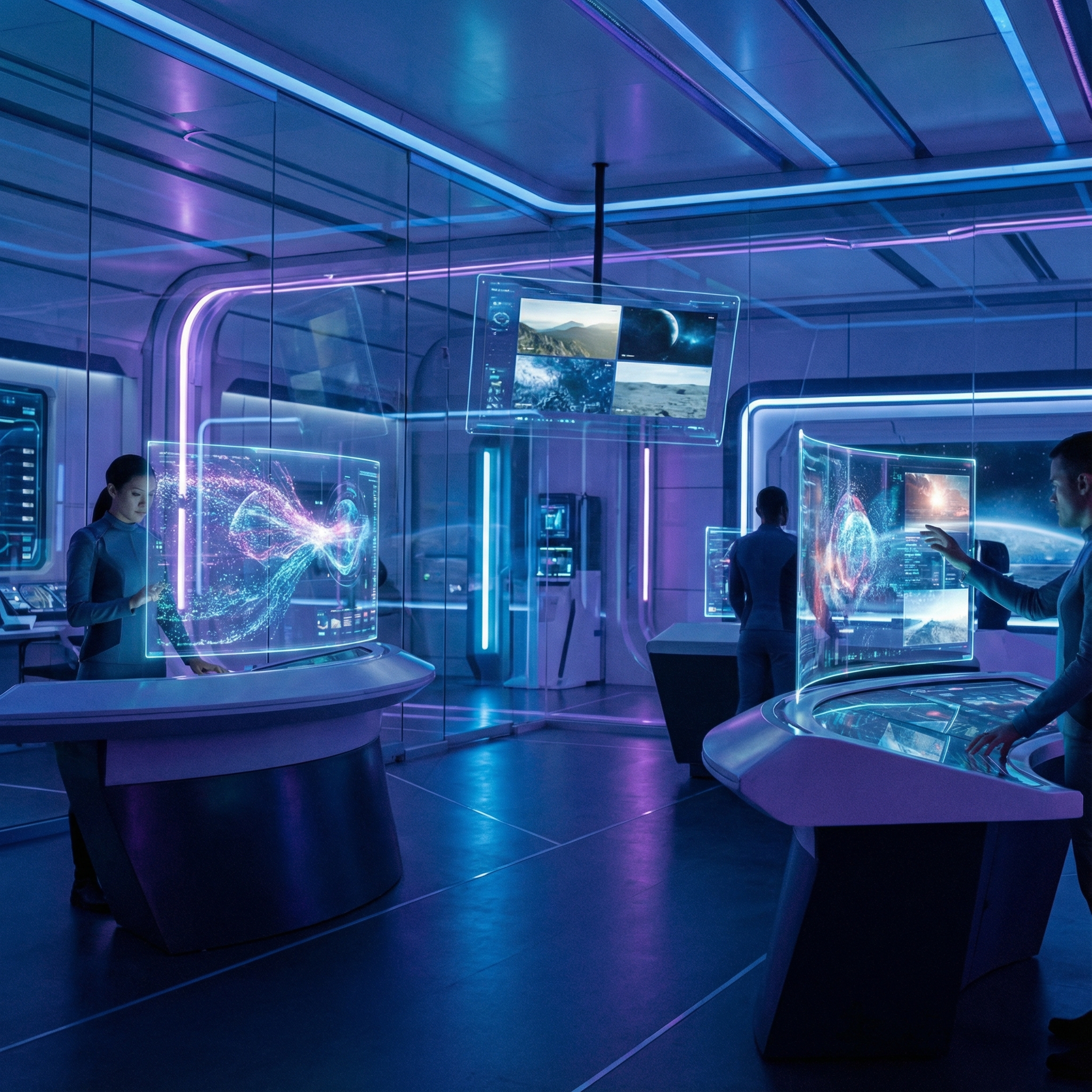 A high-tech control room or data center environment with holographic screens showing streaming data and video clips, modern and futuristic vibe, blue and purple lighting, 1:1 aspect ratio, no text.
