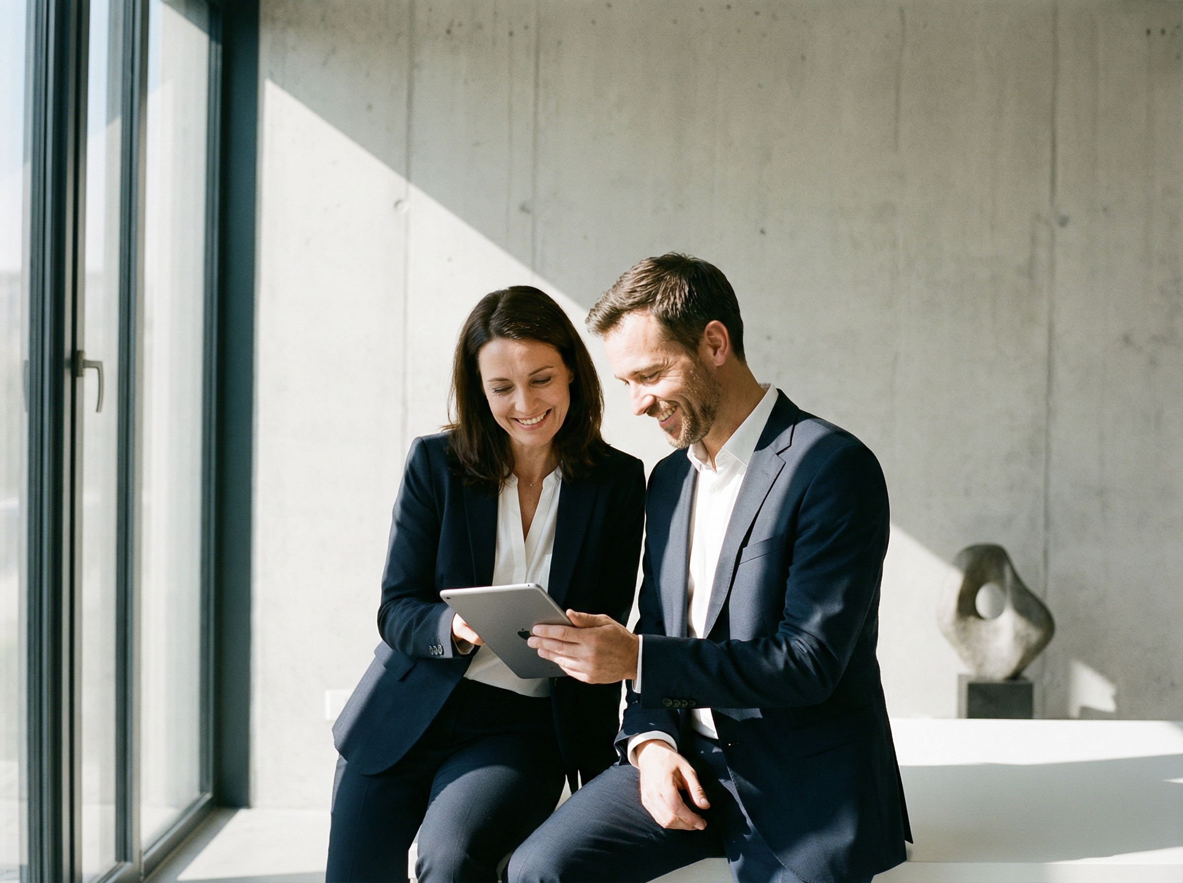 A professional executive coaching session in a high-end minimalist office. A consultant is talking with a client, both looking at a digital tablet. Warm and natural lighting, high contrast, clean background. The scene conveys trust and professional growth. No text visible. 4:3 aspect ratio.