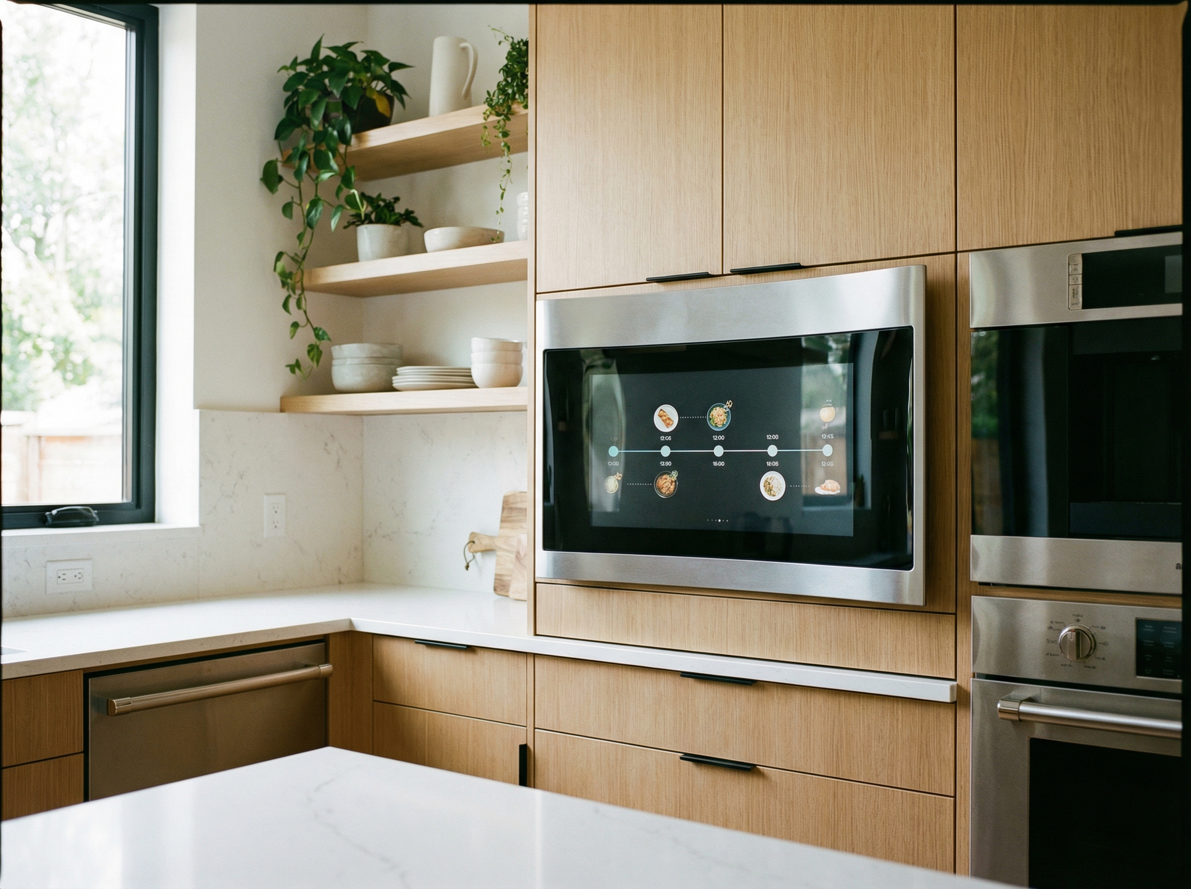 A futuristic microwave oven with a large digital screen on the front showing a meal plan, inside a modern bright kitchen with wooden accents, natural lighting, realistic photography style, 4:3 aspect ratio, no text in image