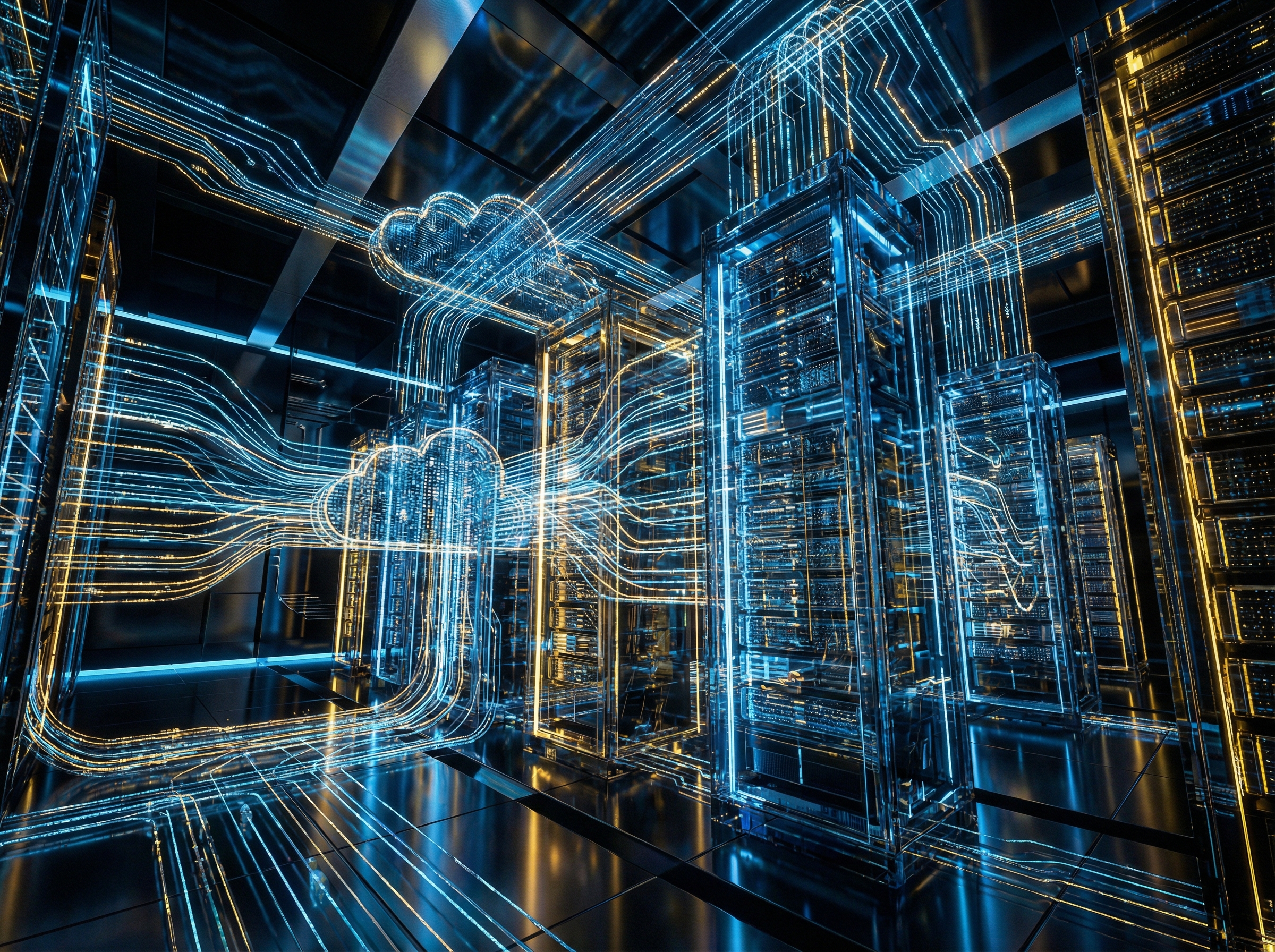 A futuristic representation of a cloud computing data center. Glowing blue and gold data streams connecting servers. Modern infographic style with high contrast and clean layout. Visually rich and detailed composition. No text or charts. 4:3 aspect ratio.