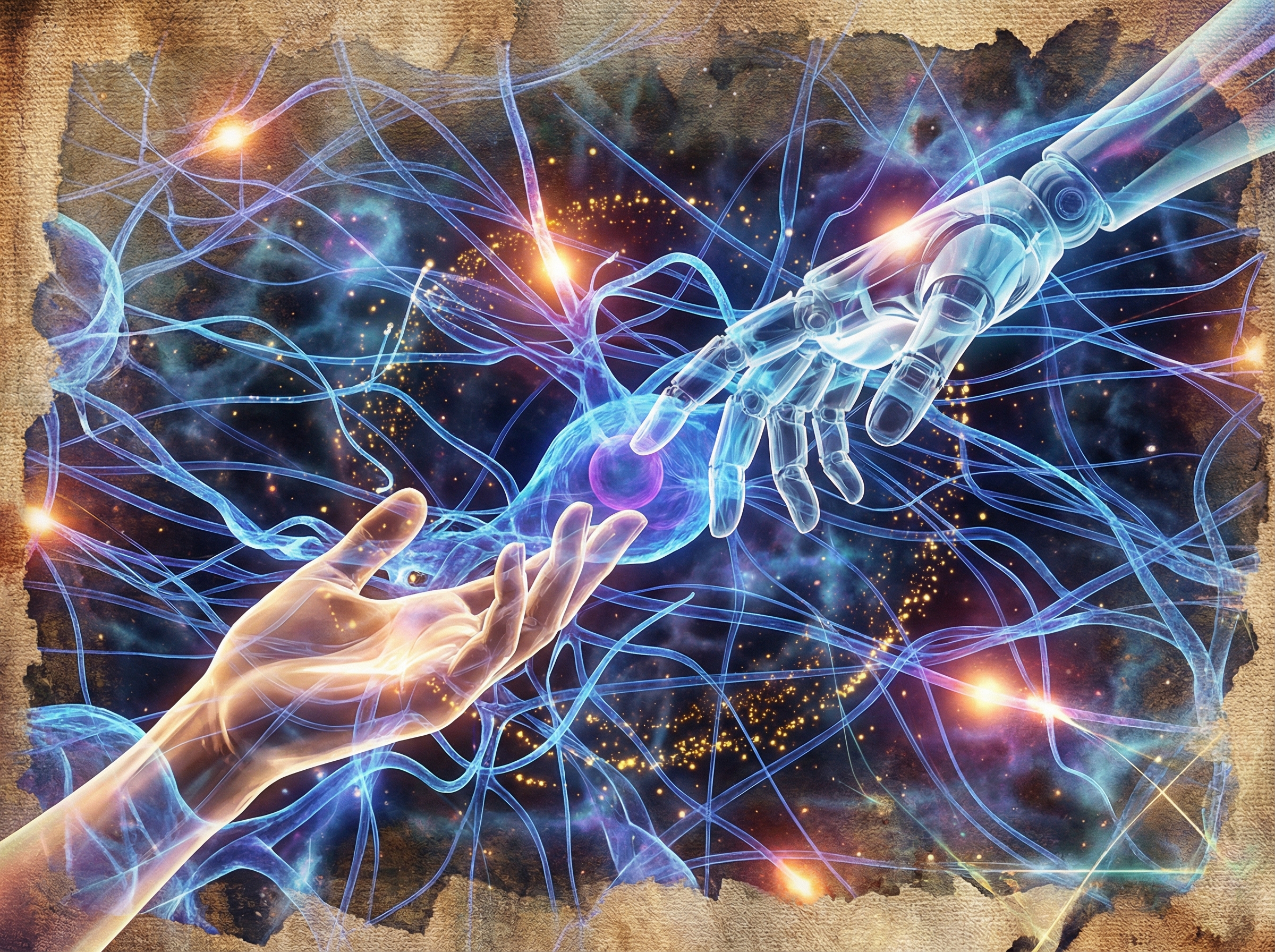An artistic illustration symbolizing the collaboration between human intelligence and AI. Two translucent hands reaching towards each other amidst a swirling galaxy of digital particles and neural network lines. Textured background, vibrant colors, deeply conceptual. No text visible. 4:3 aspect ratio.