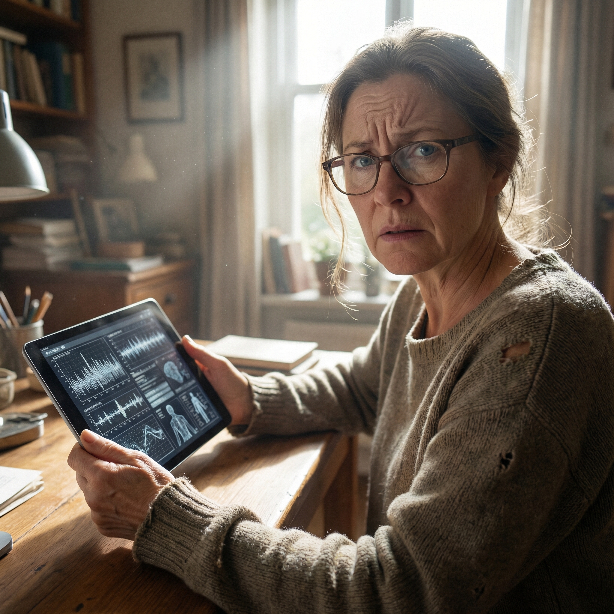 A person looking confused and thoughtful while looking at a tablet screen with complex medical data, realistic setting, bright daylight, cinematic lighting, 1:1 aspect ratio, no visible text