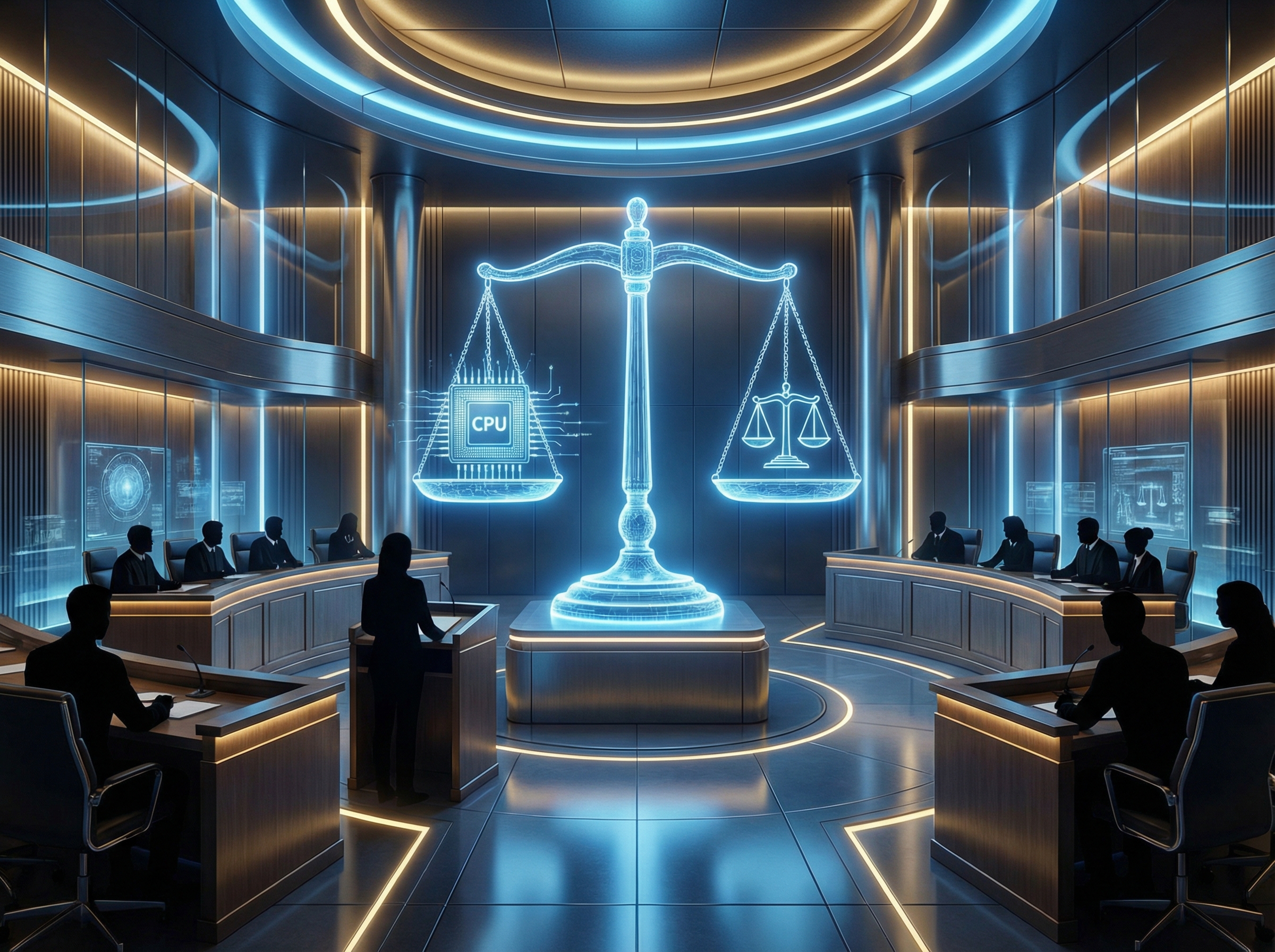 A futuristic courtroom setting with a glowing digital scale of justice balanced against a CPU chip. Blue and gold accent lighting, professional atmosphere, 4:3 aspect ratio, no visible text.