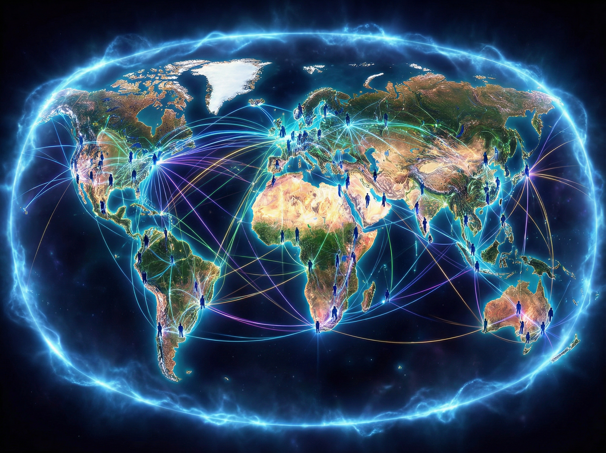An intricate web of glowing light lines connecting silhouettes of people across a stylized world map, protected by a soft blue aura. Vibrant colors, high contrast, 4:3 aspect ratio, no text.