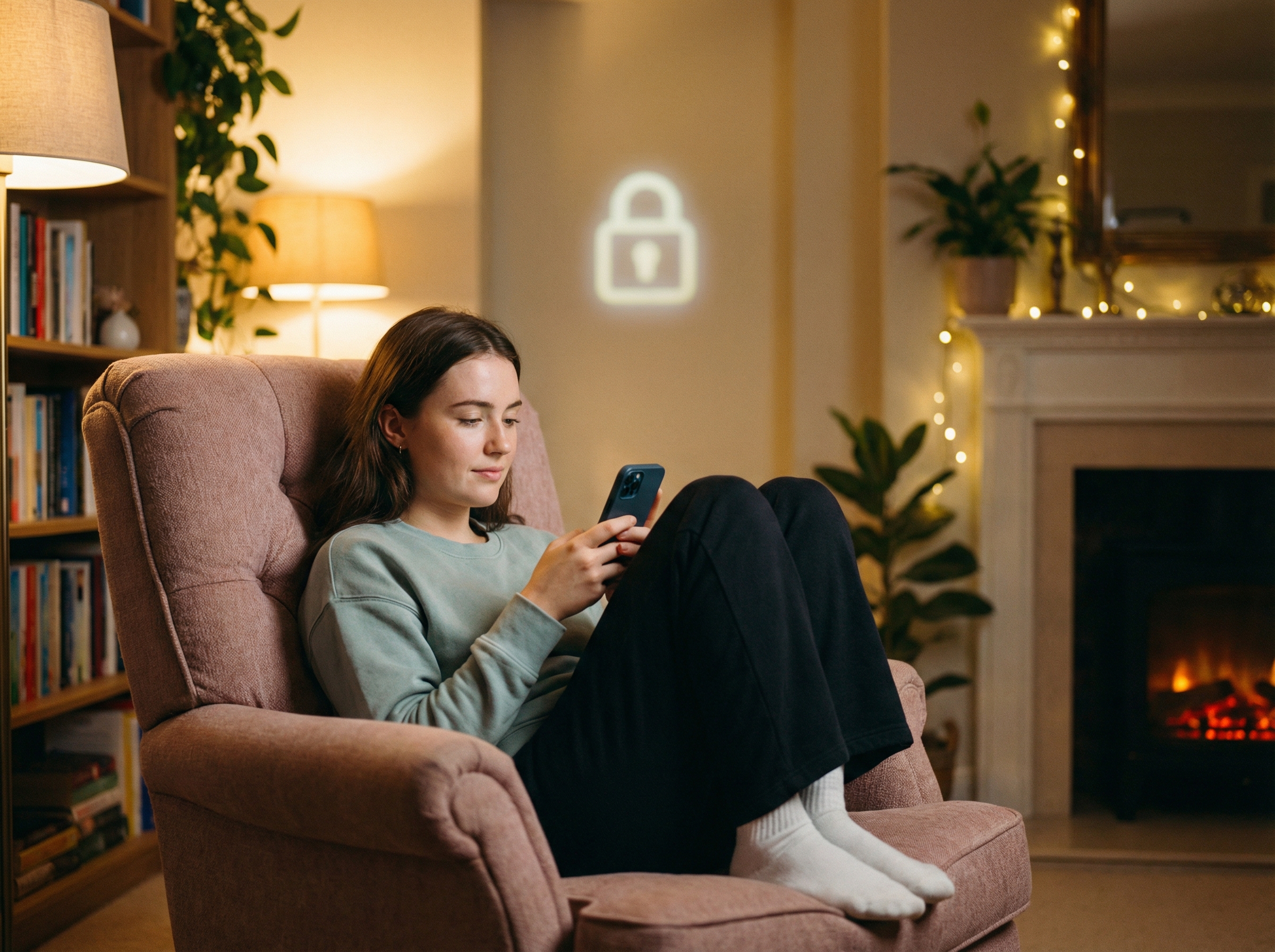 A young woman using a smartphone with a calm expression, with a soft glowing lock icon appearing subtly in the background. Warm indoor lighting, cozy atmosphere, 4:3 aspect ratio, no text.