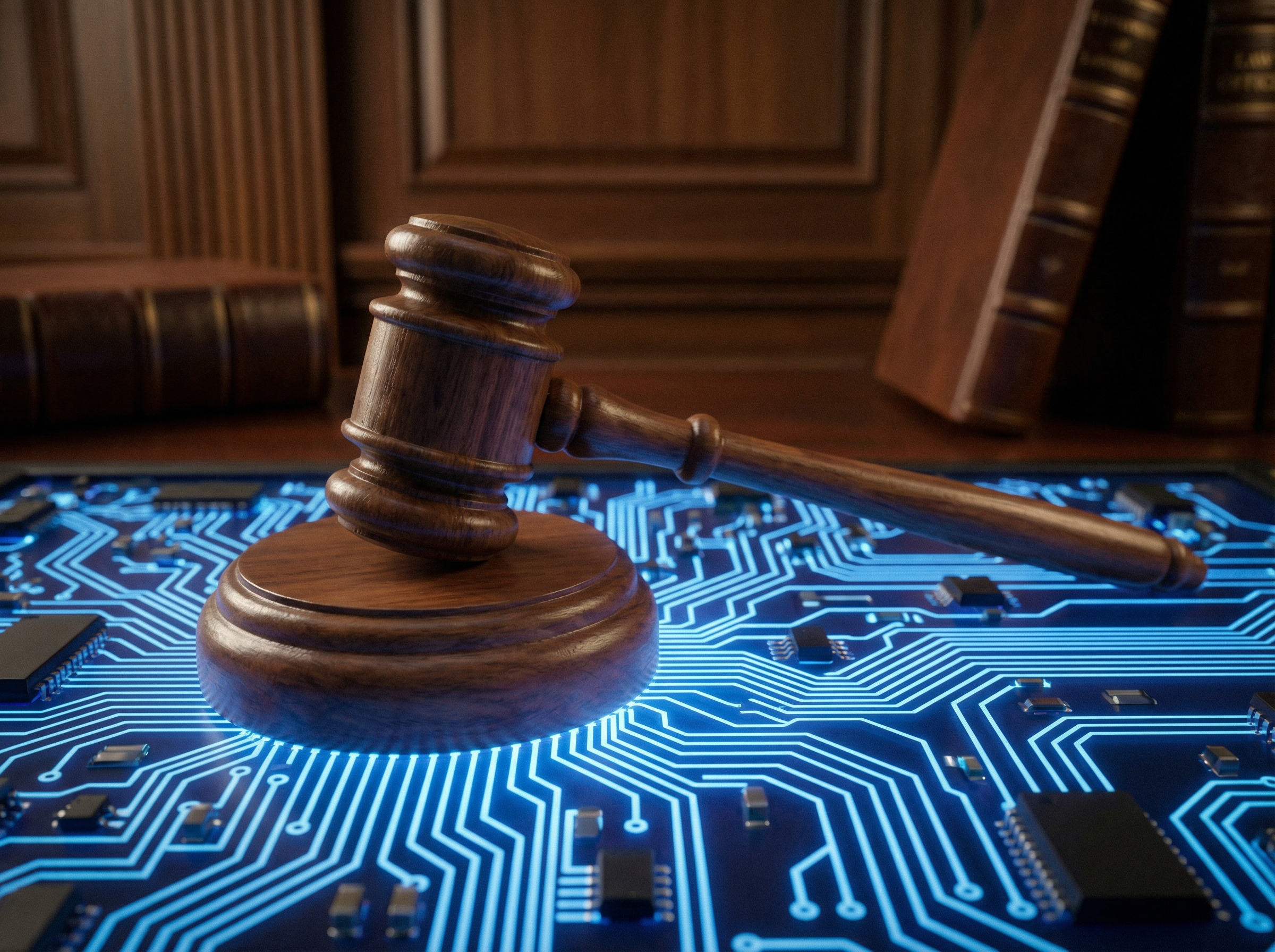 A realistic composition featuring a wooden judge's gavel resting on a glowing blue electronic circuit board. Soft lighting, professional atmosphere, symbolizing legal regulation of technology. 4:3 aspect ratio, no visible text.
