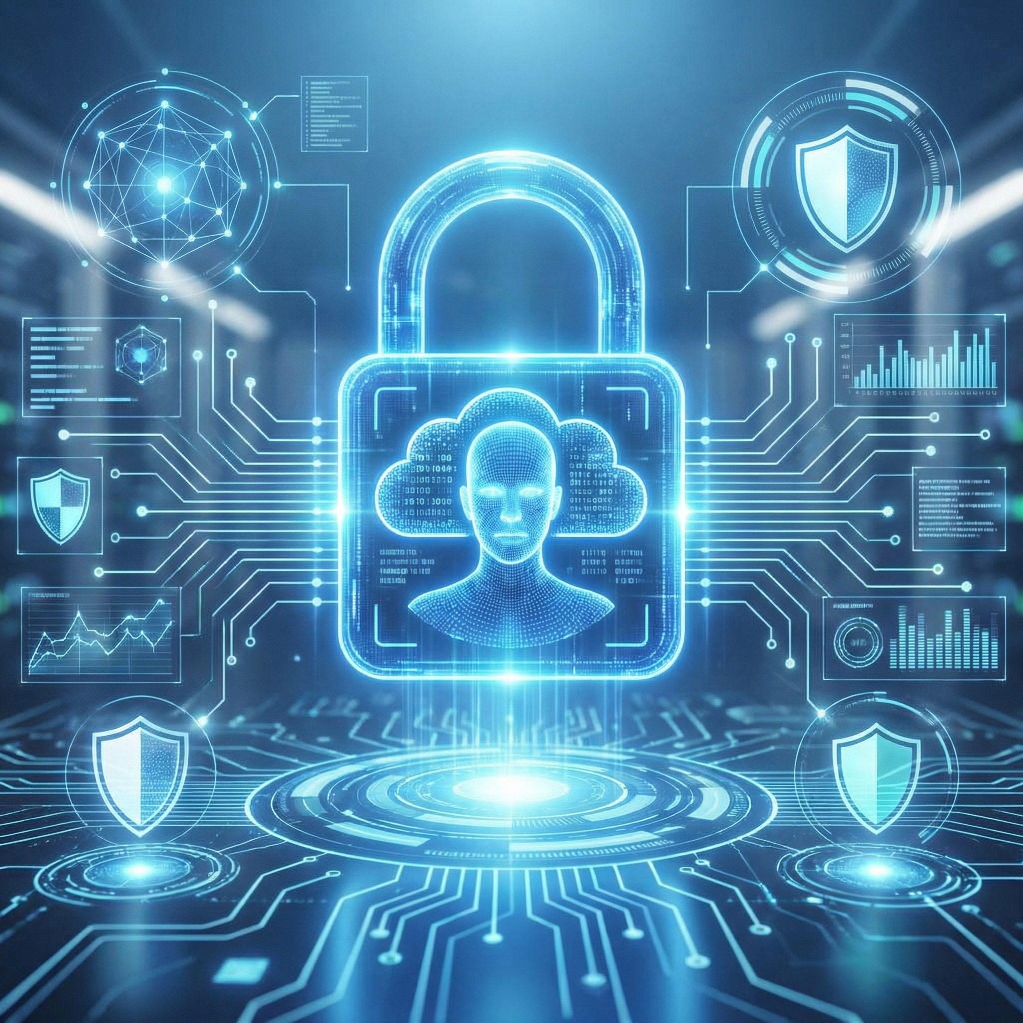 A high-tech cybersecurity visualization showing a person's digital profile protected by a glowing blue lock. Modern interface design elements, clean layout, representing online safety. 1:1 aspect ratio, bright lighting, no visible text.
