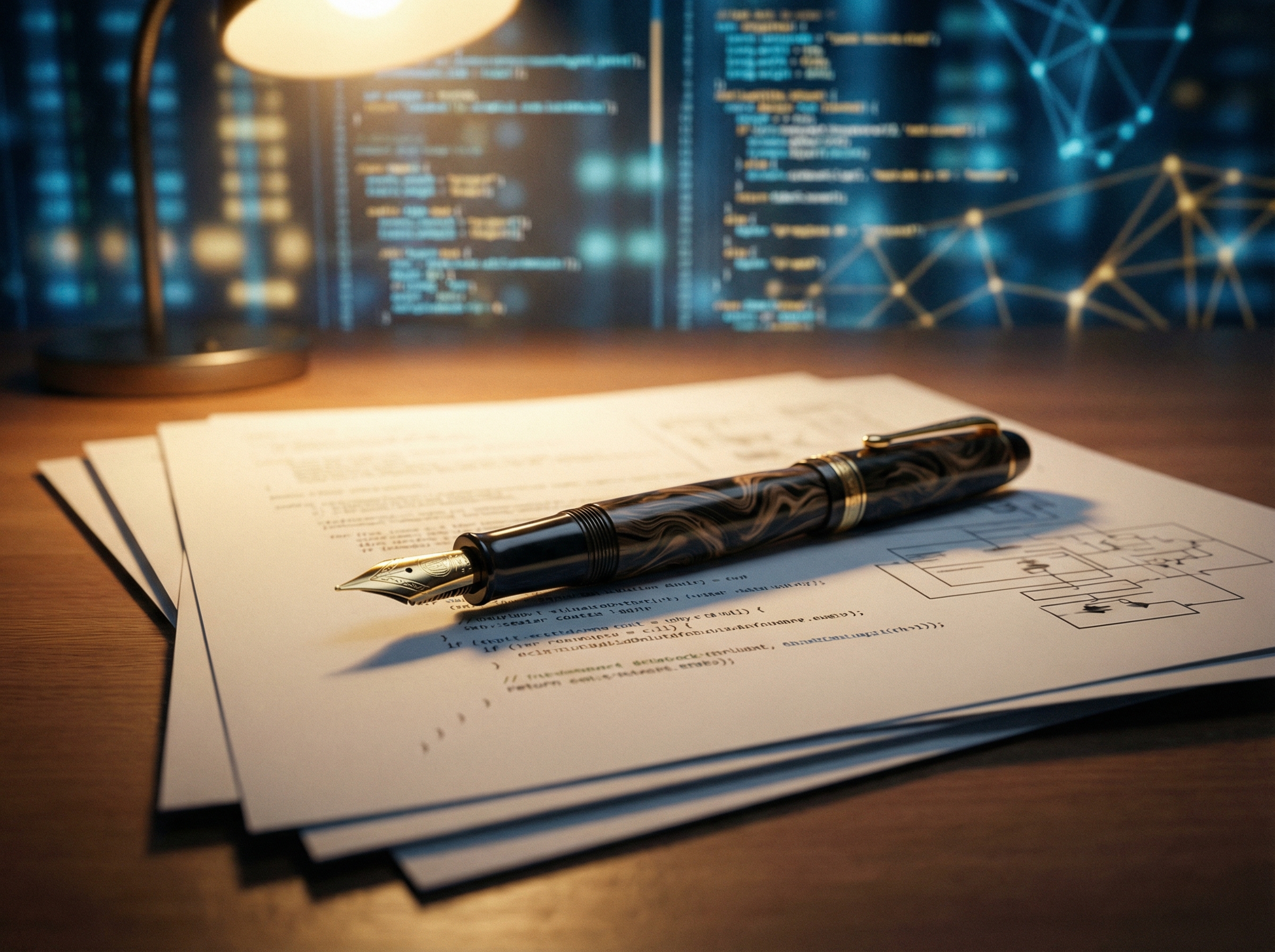 A detailed composition of a stylish fountain pen resting on top of digital privacy legal documents. Warm ambient lighting, soft focus background with digital data streams. 4:3 aspect ratio, no visible text.