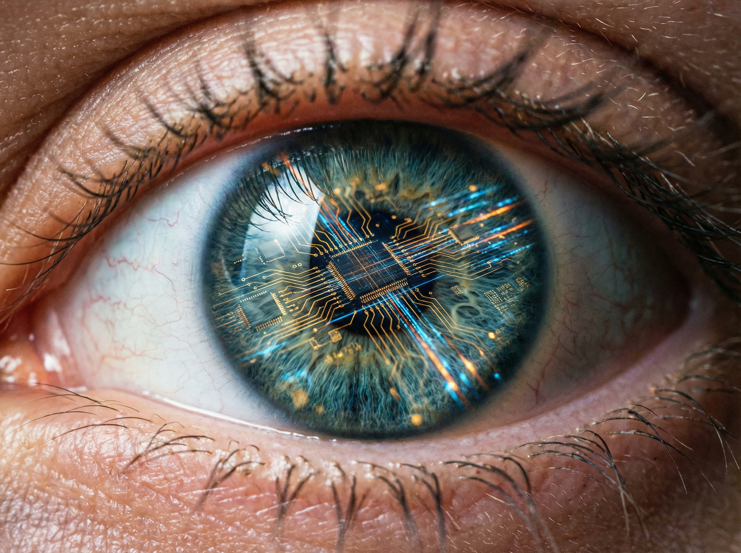 A macro shot of a human eye reflecting a complex network of golden circuits and glowing data streams, realistic textures, 4:3 aspect ratio, no text