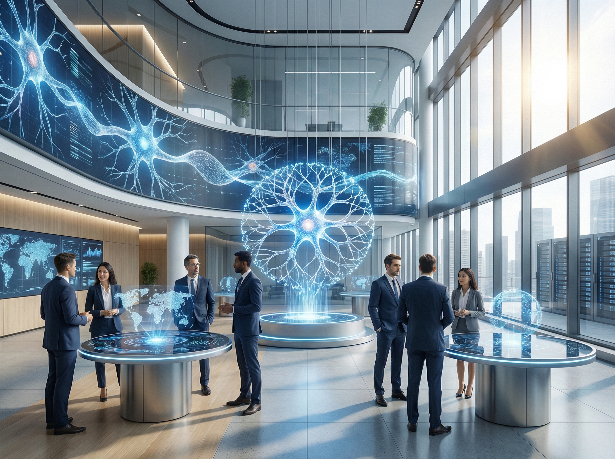 A futuristic and professional business setting representing the partnership between a global insurance company and a leading AI lab. High-tech office interior with digital displays showing abstract neural networks and data flows. Clean blue and white color palette, professional atmosphere, cinematic lighting, 4:3 aspect ratio, no text.