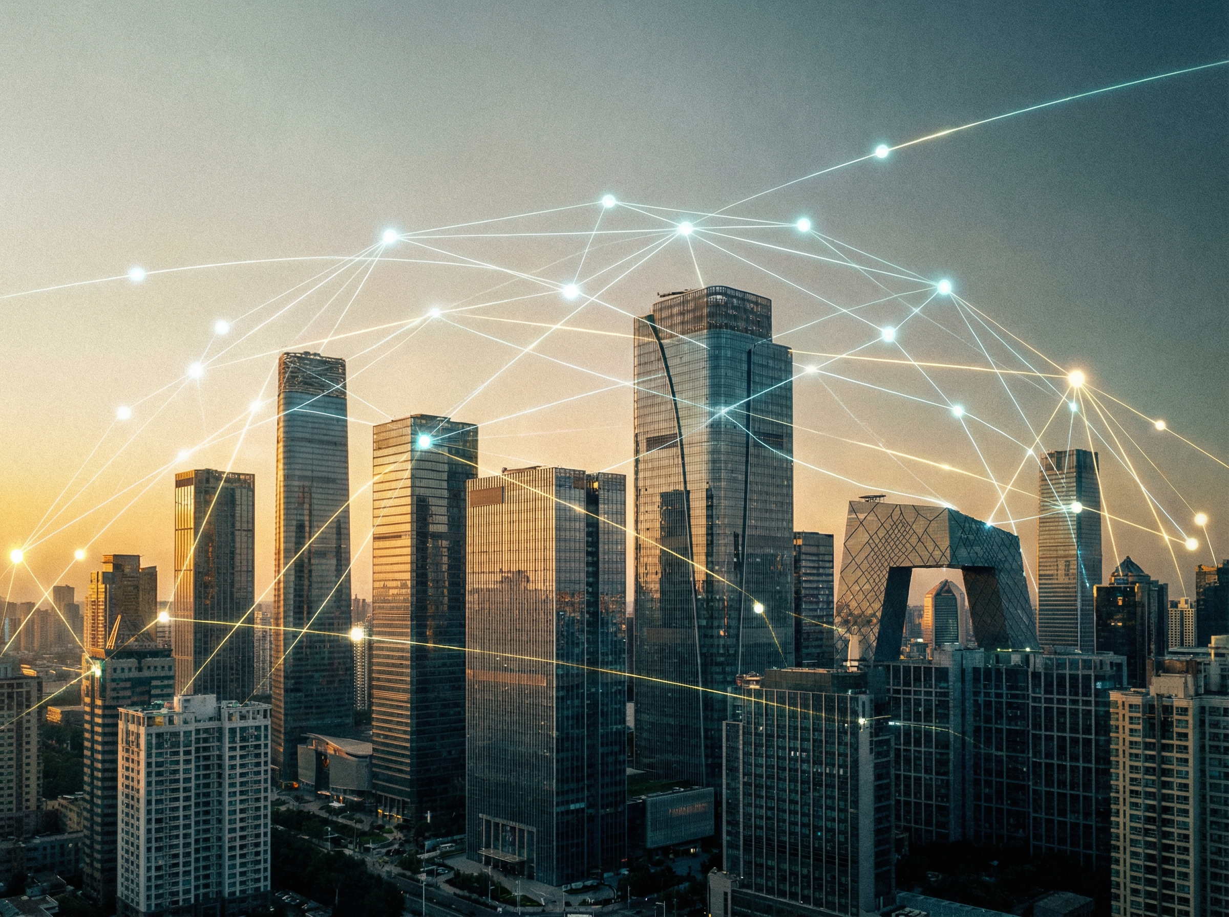 A wide-angle shot of a modern city skyline with digital connecting lines representing a global network. High-tech aesthetic, evening golden hour lighting, textured background, professional and visionary mood, 4:3 aspect ratio, no text.