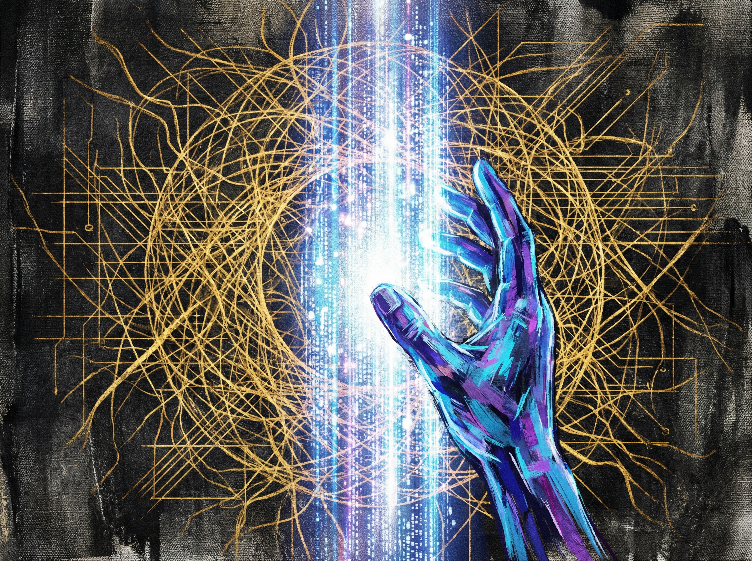 An abstract artistic rendering of a human hand touching a digital light beam representing AI. The background features a complex network of golden lines symbolizing ethics and interconnectedness. Textured background, high contrast, 4:3 aspect ratio, no visible text.