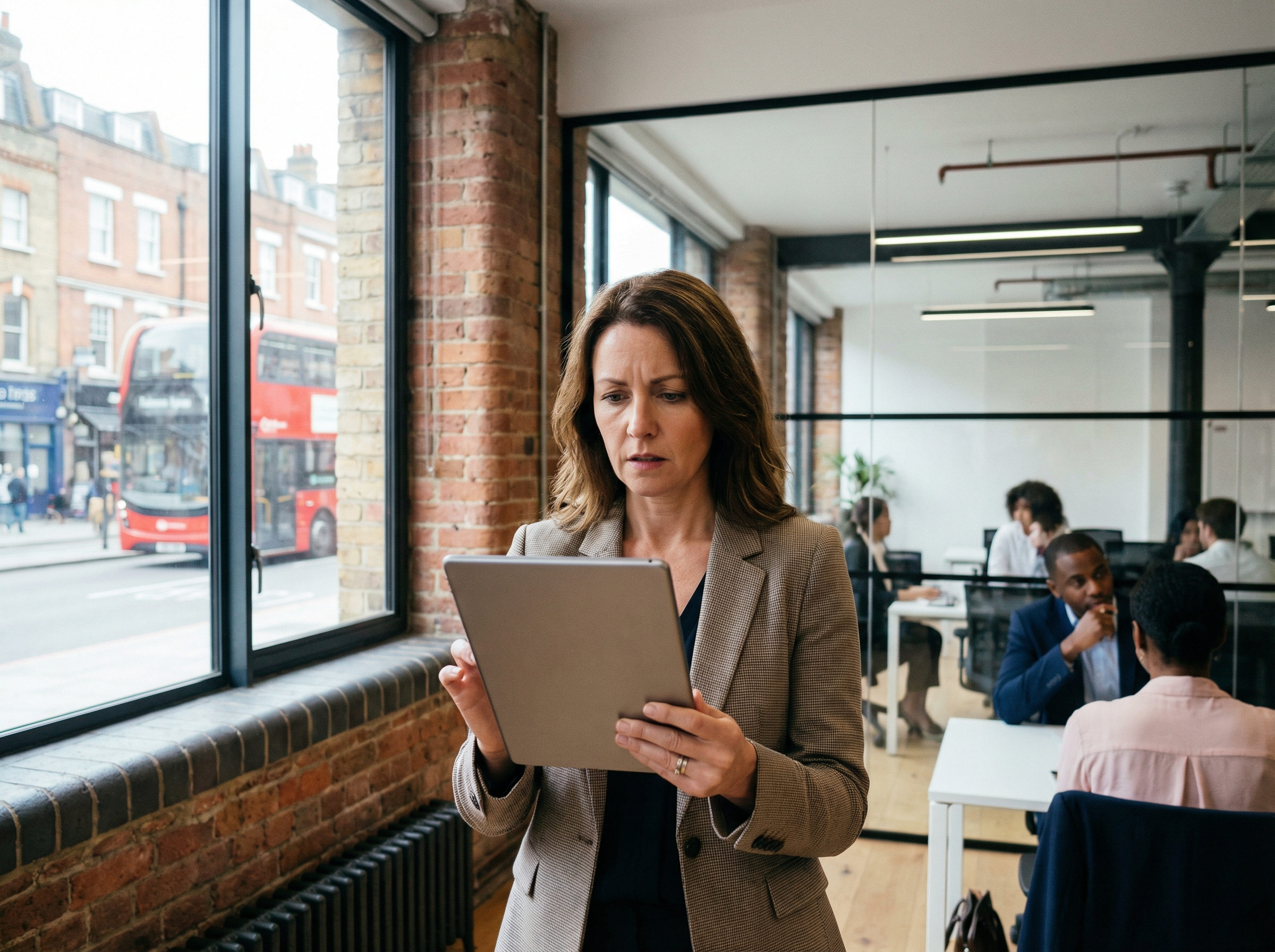 A professional woman in a modern British office environment looking concerned at a tablet screen, soft natural light from a window, realistic photography style, high quality, 4:3 aspect ratio, no text.