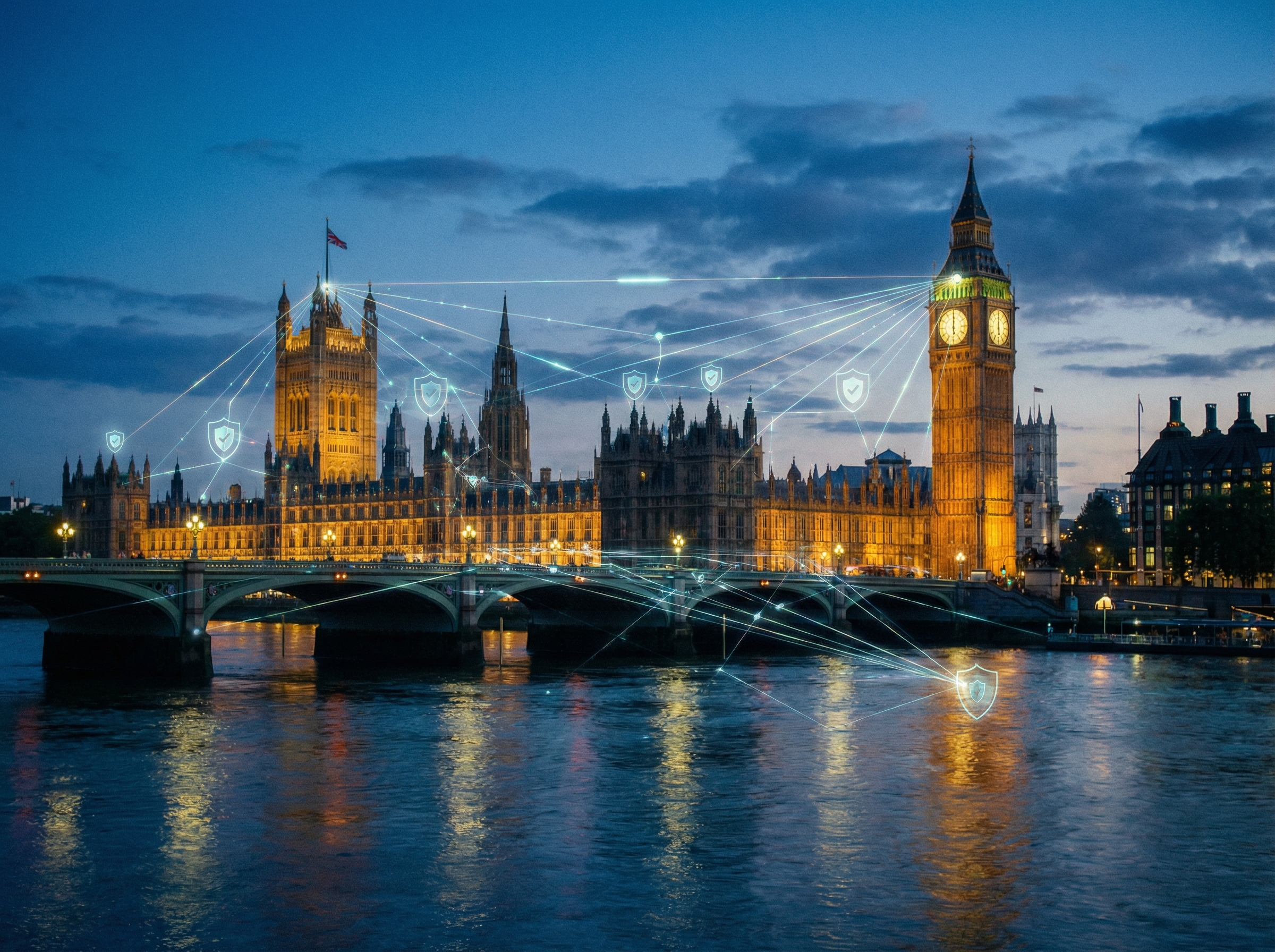 Cinematic view of the UK Houses of Parliament at dusk with digital network overlays suggesting online safety regulations, atmospheric lighting, professional composition, 4:3 aspect ratio, no text.