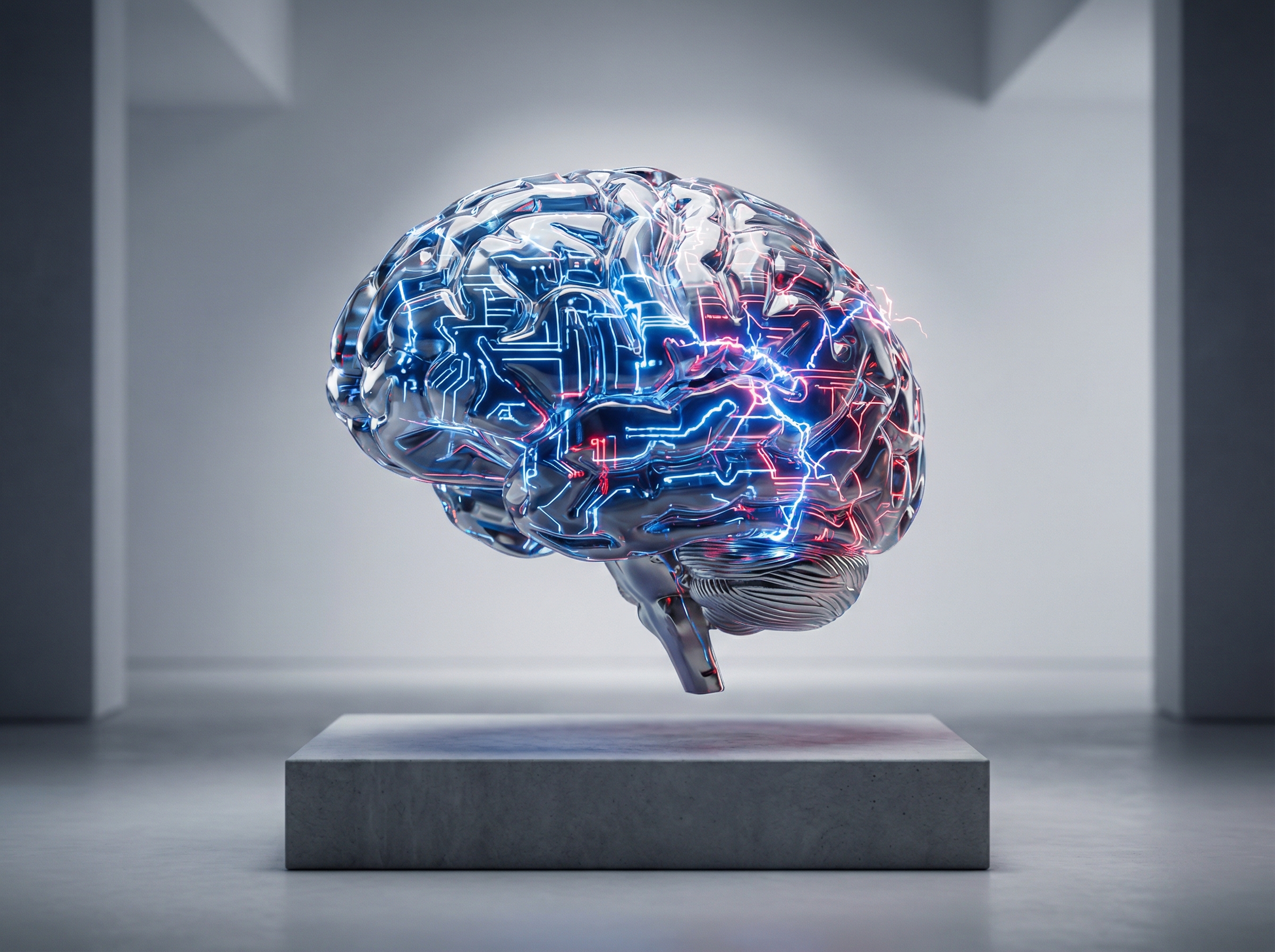 High-quality 3D render of an AI brain concept with glowing circuits, representing advanced but risky technology, clean composition, artistic rendering, 4:3 aspect ratio, no text.