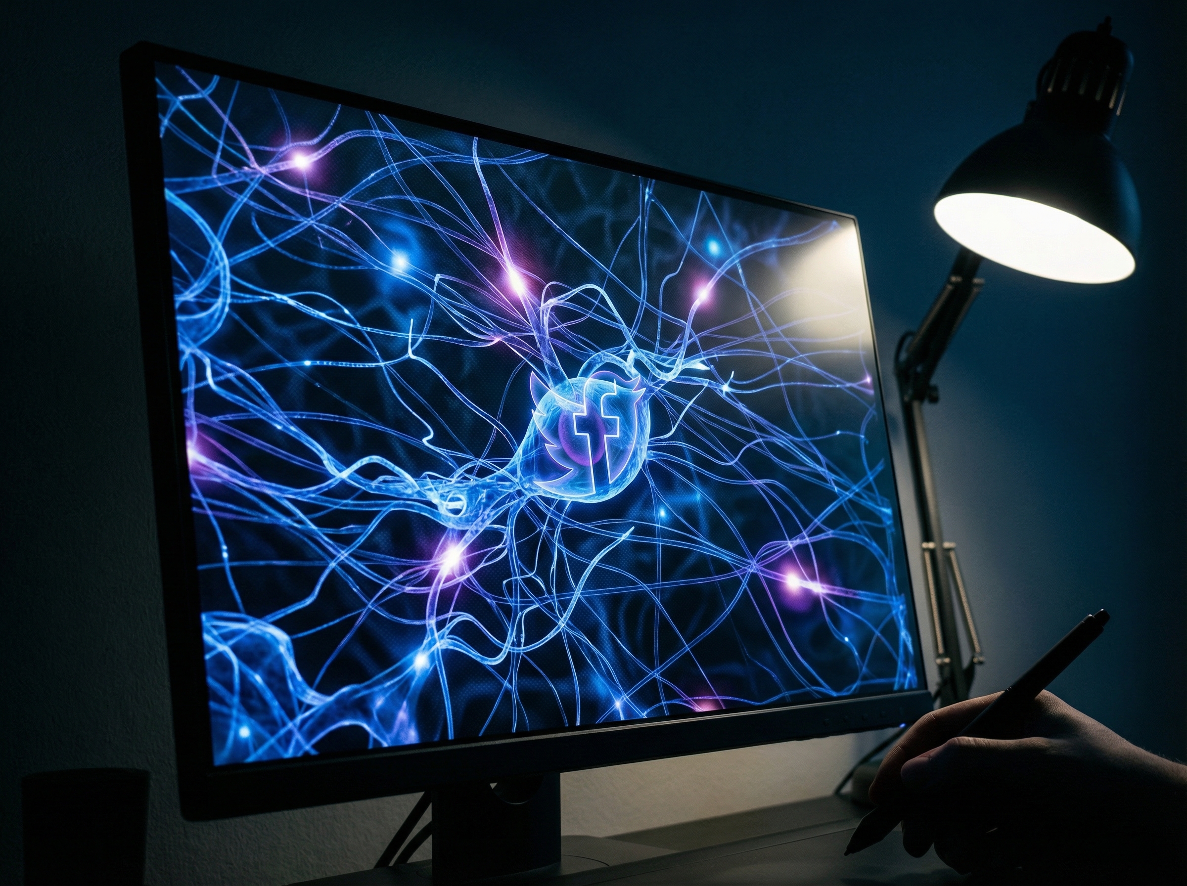 A conceptual high-quality image of artificial intelligence software on a digital screen, showing abstract glowing neurons and a social media logo, dark moody atmosphere with high contrast lighting, 4:3 aspect ratio, no text.