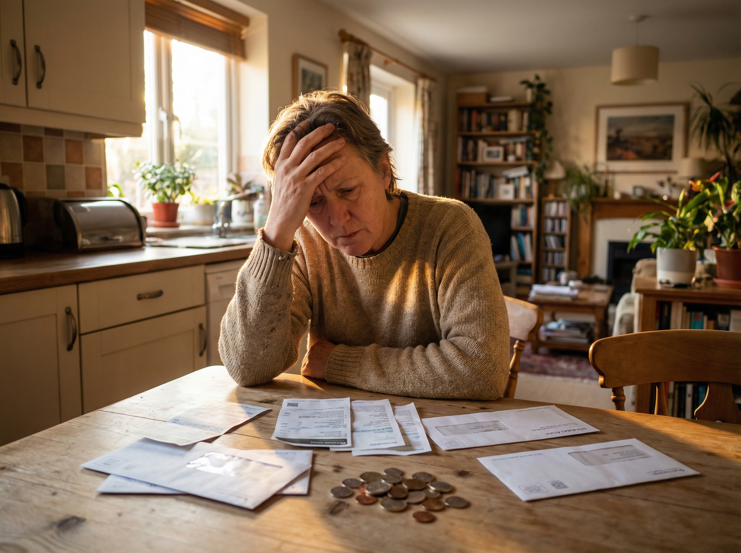 A realistic lifestyle image of a person sitting at a wooden table looking over bills and coins, warm natural indoor lighting, soft focus background, feeling of concern and reality, 4:3 aspect ratio, no text.