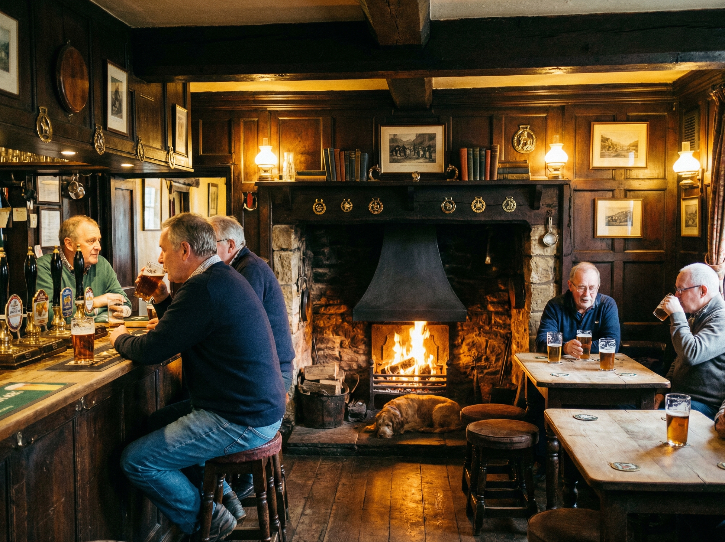 Interior of a traditional British pub with wooden decor, warm lighting, cozy atmosphere, realistic details of glass mugs on the bar, 4:3 aspect ratio, no text.