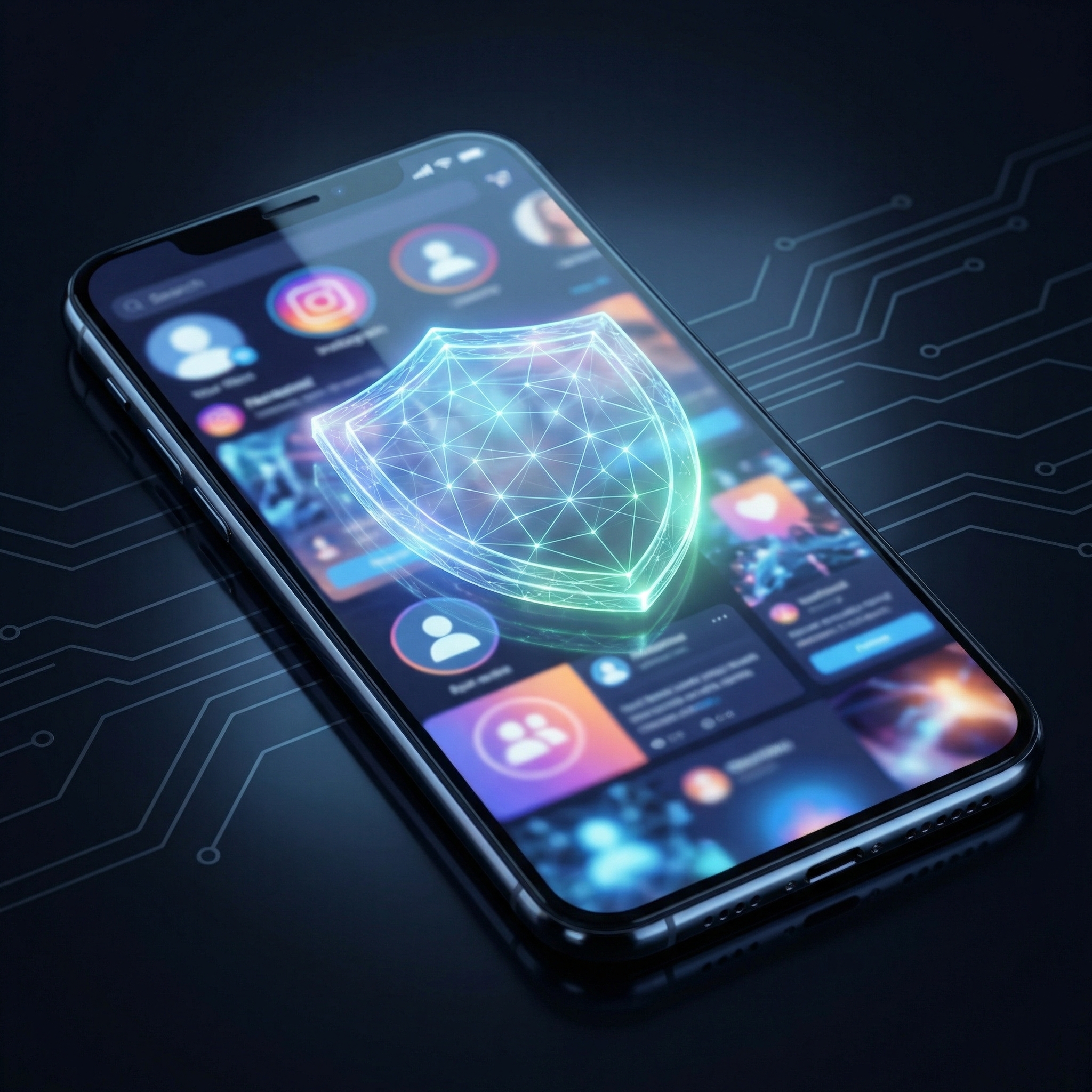 A high-tech conceptual photo of a smartphone screen showing blurred social media profiles with a glowing shield overlay, symbolizing the need for digital privacy and protection against deepfakes, 1:1, vibrant colors, no text