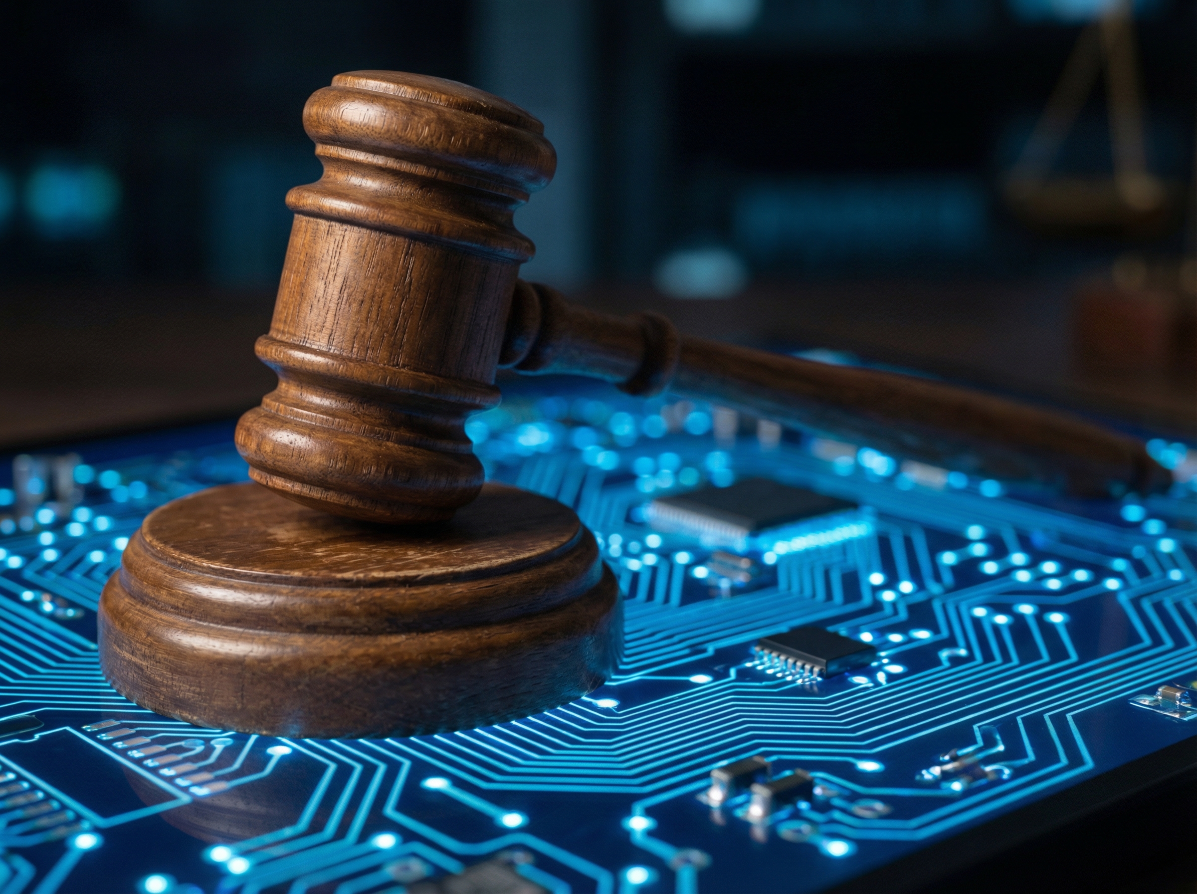 A realistic close-up of a wooden judge's gavel resting on a glowing blue circuit board, representing the intersection of law and technology regulation, 4:3, professional photography, no text