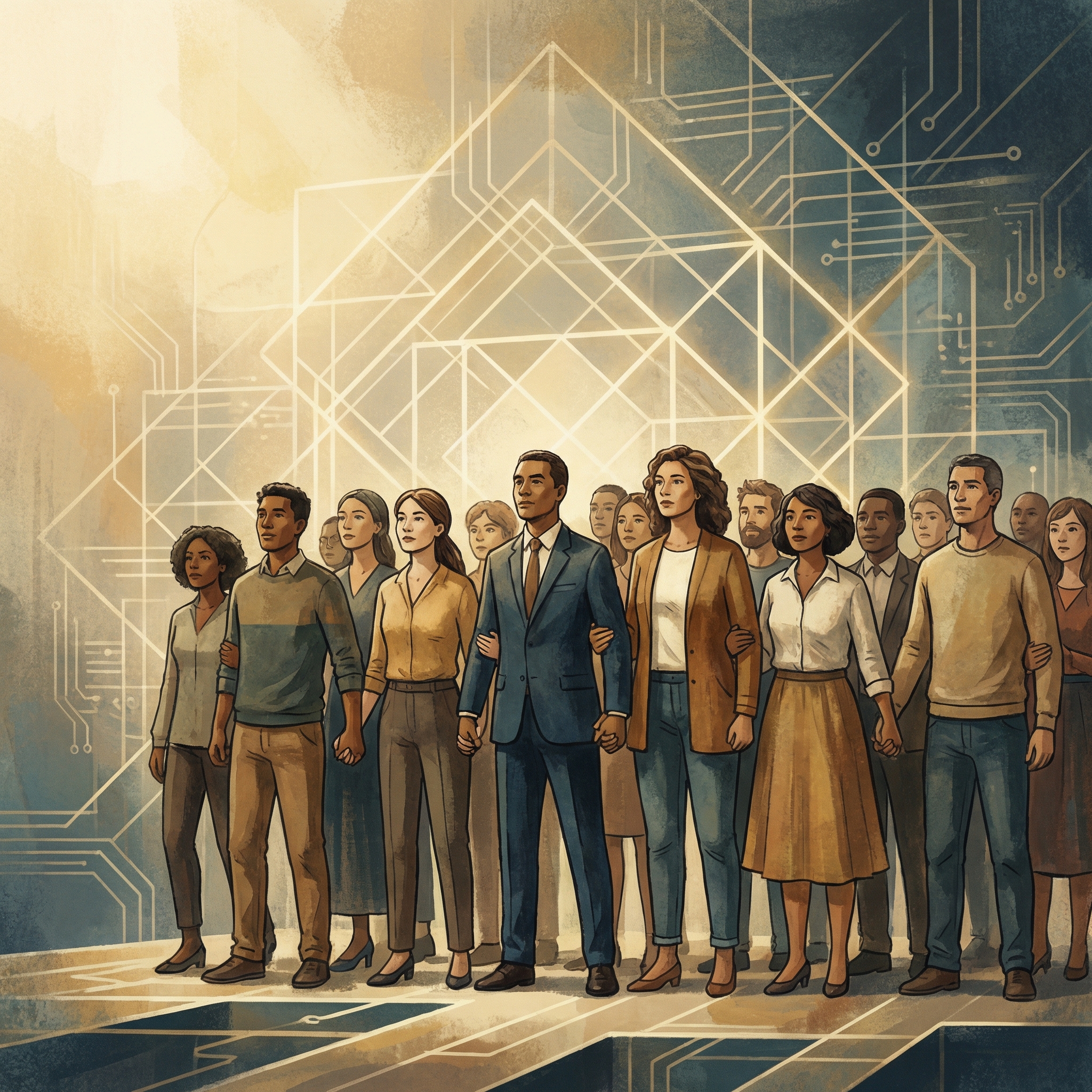 An artistic illustration of a diverse group of people standing together in front of a digital grid background, looking determined, symbolizing collective action for digital ethics, 1:1, warm lighting, no text