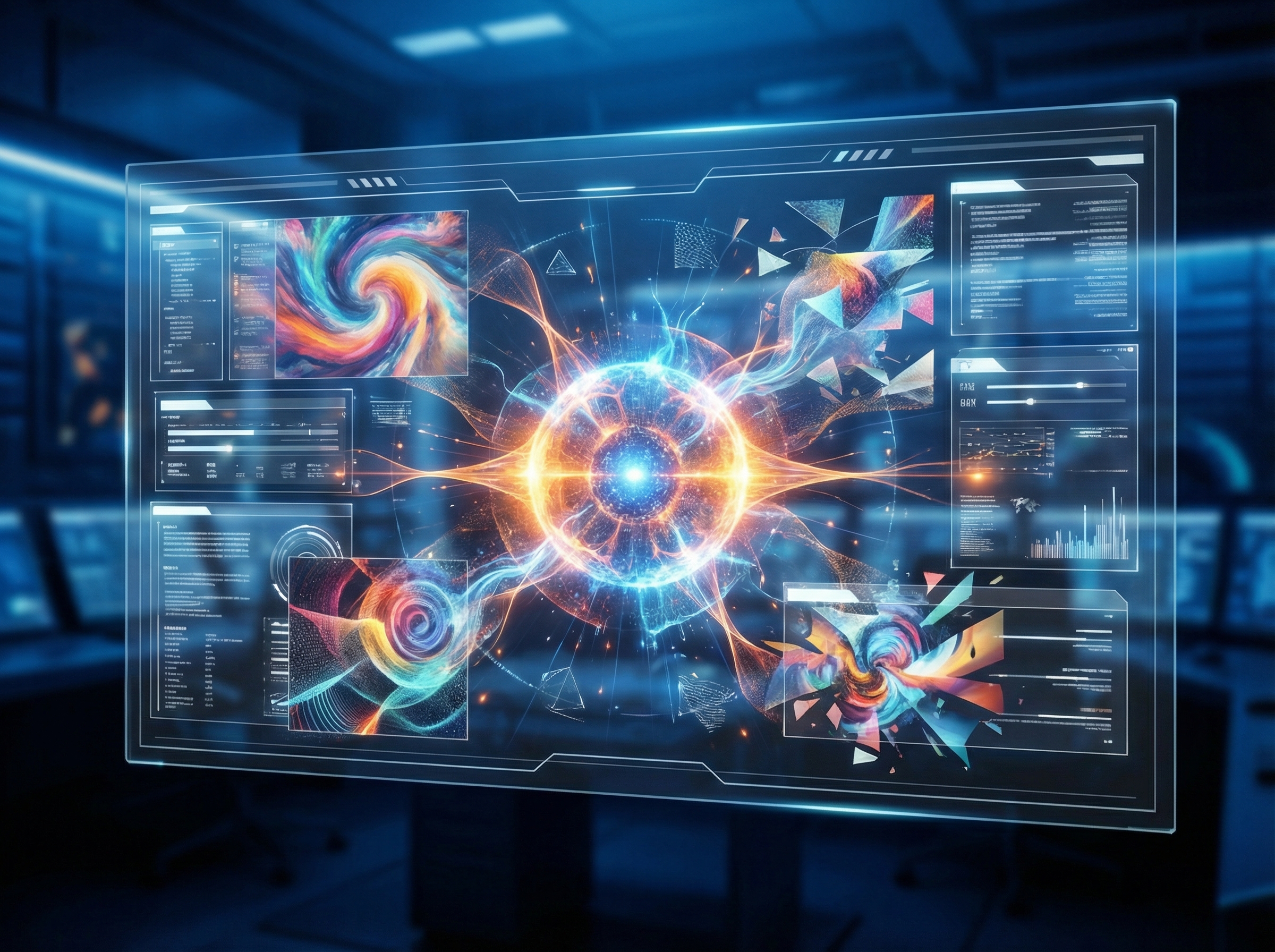 A futuristic digital interface showing an AI image generation process with various creative and abstract concepts emerging from a central glowing orb, high contrast, clean modern layout, aspect ratio 4:3, no text