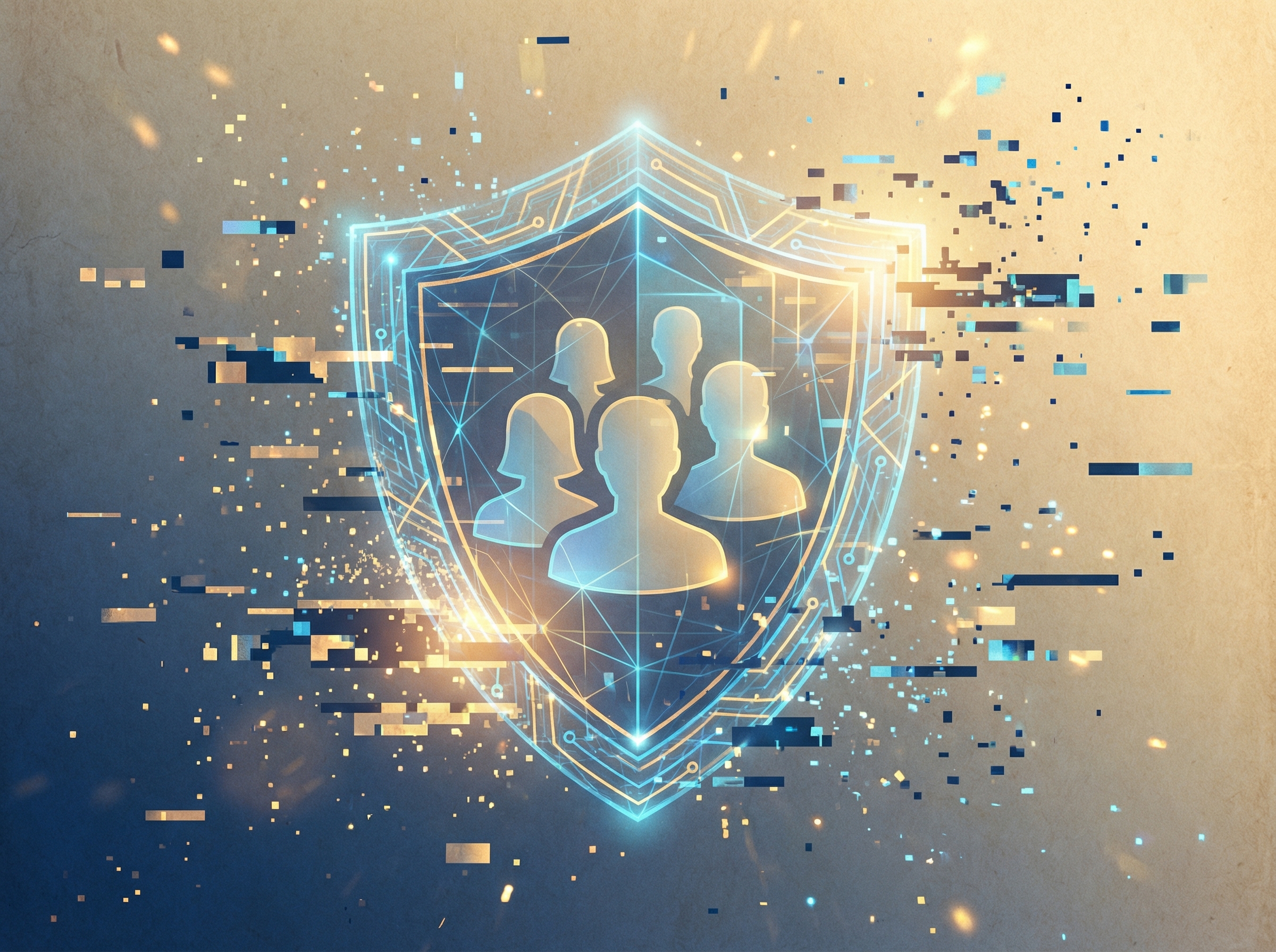 A conceptual illustration showing a digital shield protecting icons of human profiles from pixelated glitch effects, warm lighting, blue and gold color scheme, textured background, aspect ratio 4:3, no text