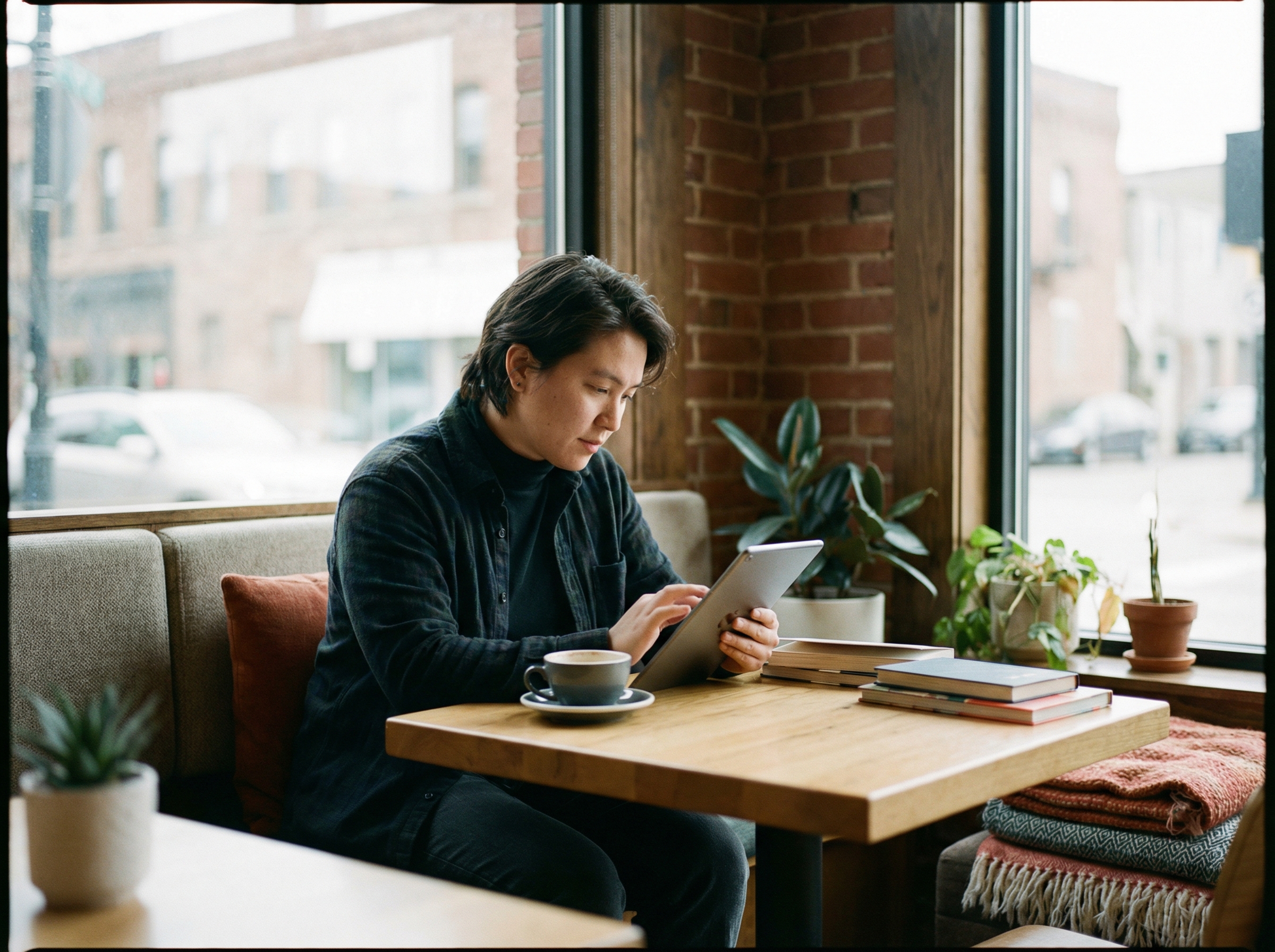 A person looking thoughtfully at a tablet screen in a cozy modern cafe setting, soft natural lighting, realistic lifestyle photography, high quality, aspect ratio 4:3, no text