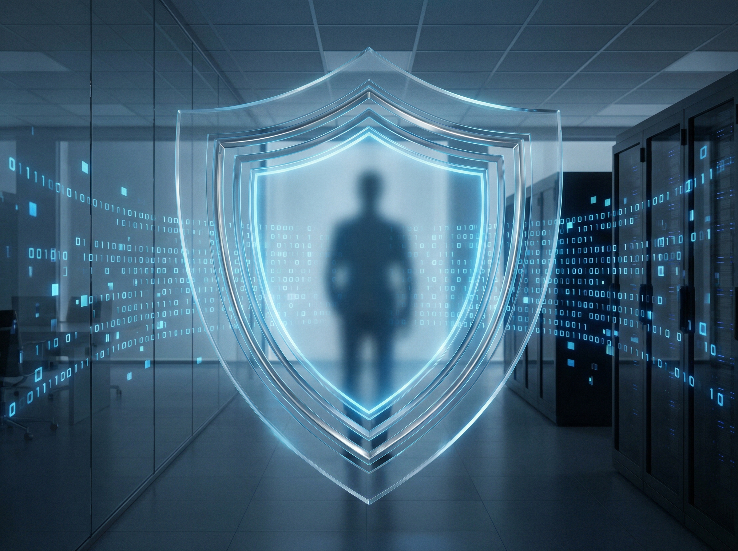 An abstract representation of a digital shield protecting human identity from flowing binary code, professional and secure atmosphere, cool blue and silver tones, 4:3, no visible text