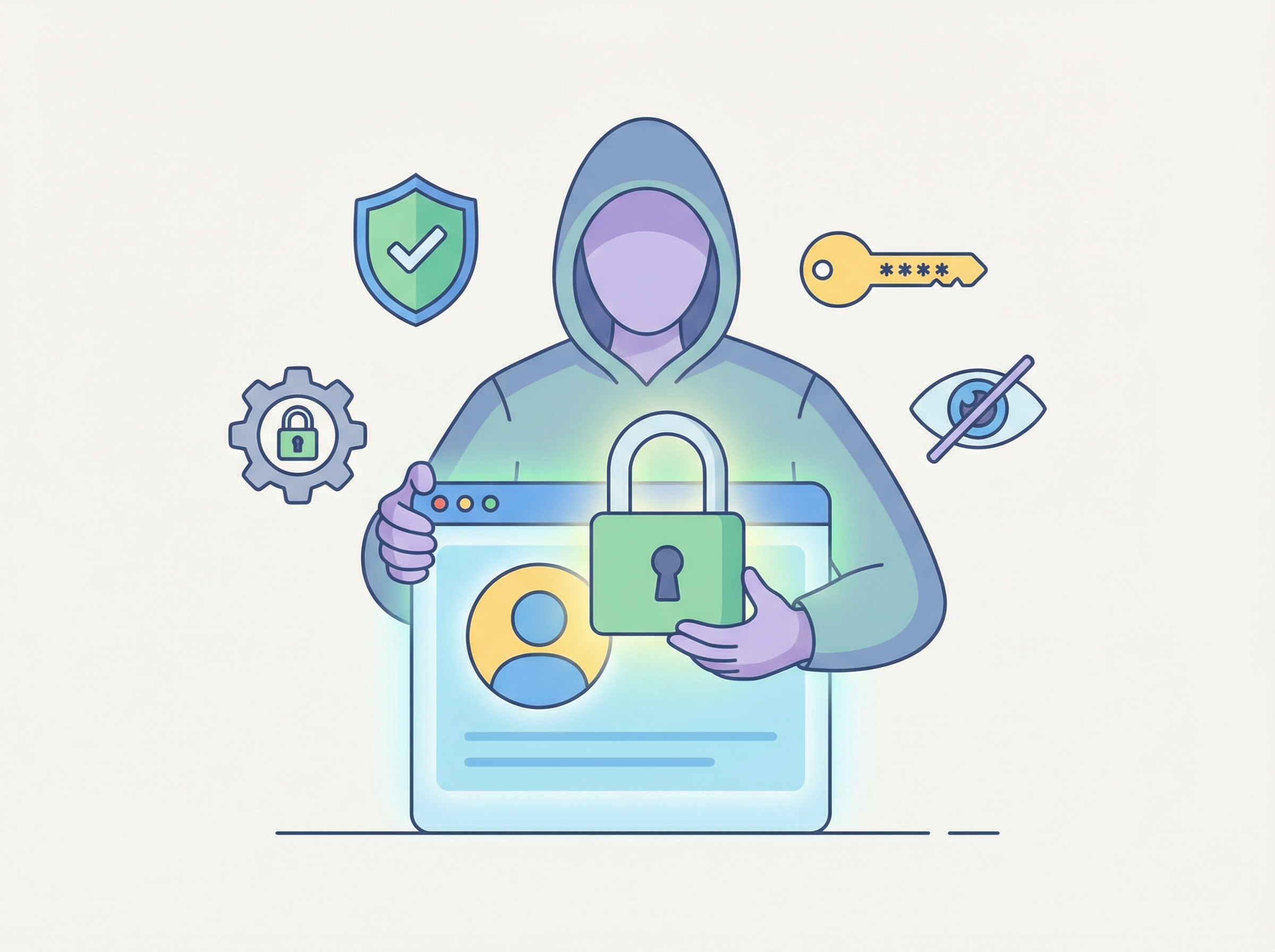 A clean and modern infographic style illustration showing a person securely locking their digital profile with icons of privacy settings, bright and balanced lighting, 4:3, no visible text