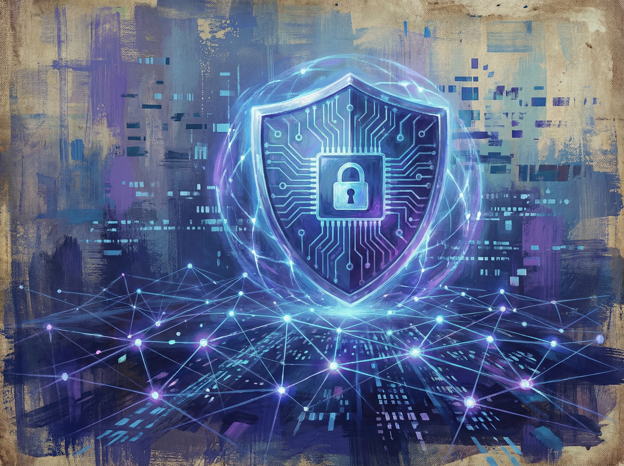 Artistic rendering of digital privacy and protection, stylized shield over a network of glowing data points, deep blue and violet color palette, textured background, 4:3