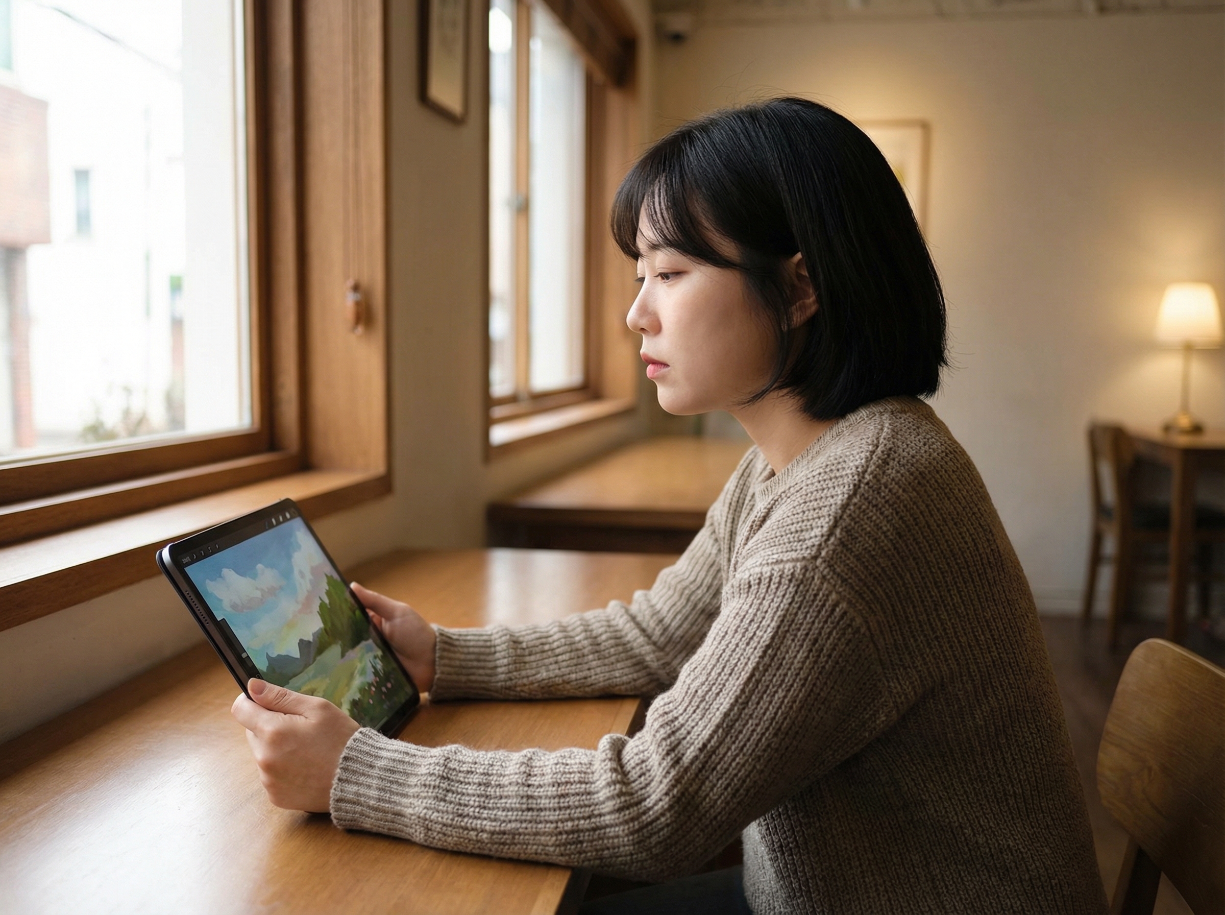 A Korean person sitting in a warm-lit cafe looking thoughtfully at a tablet screen showing digital art, lifestyle photography, natural lighting, 4:3