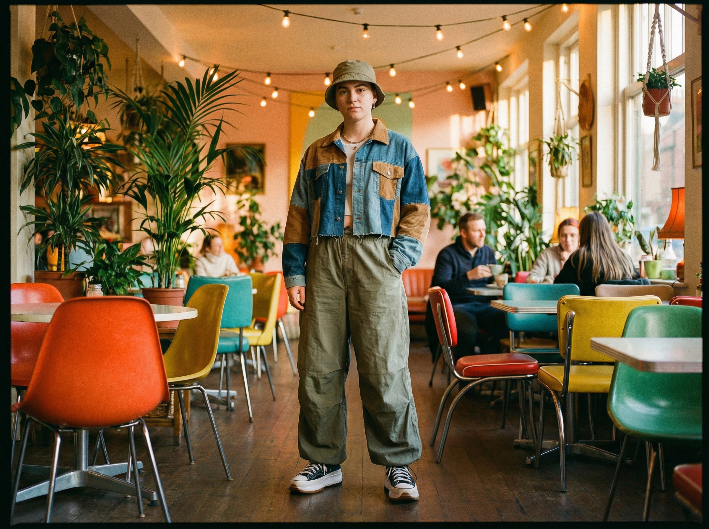 A trendy person wearing a modern reinterpretation of 90s retro fashion, baggy trousers and a cropped jacket, standing in a vibrant cafe interior, warm aesthetic lighting, 4:3 aspect ratio, no text