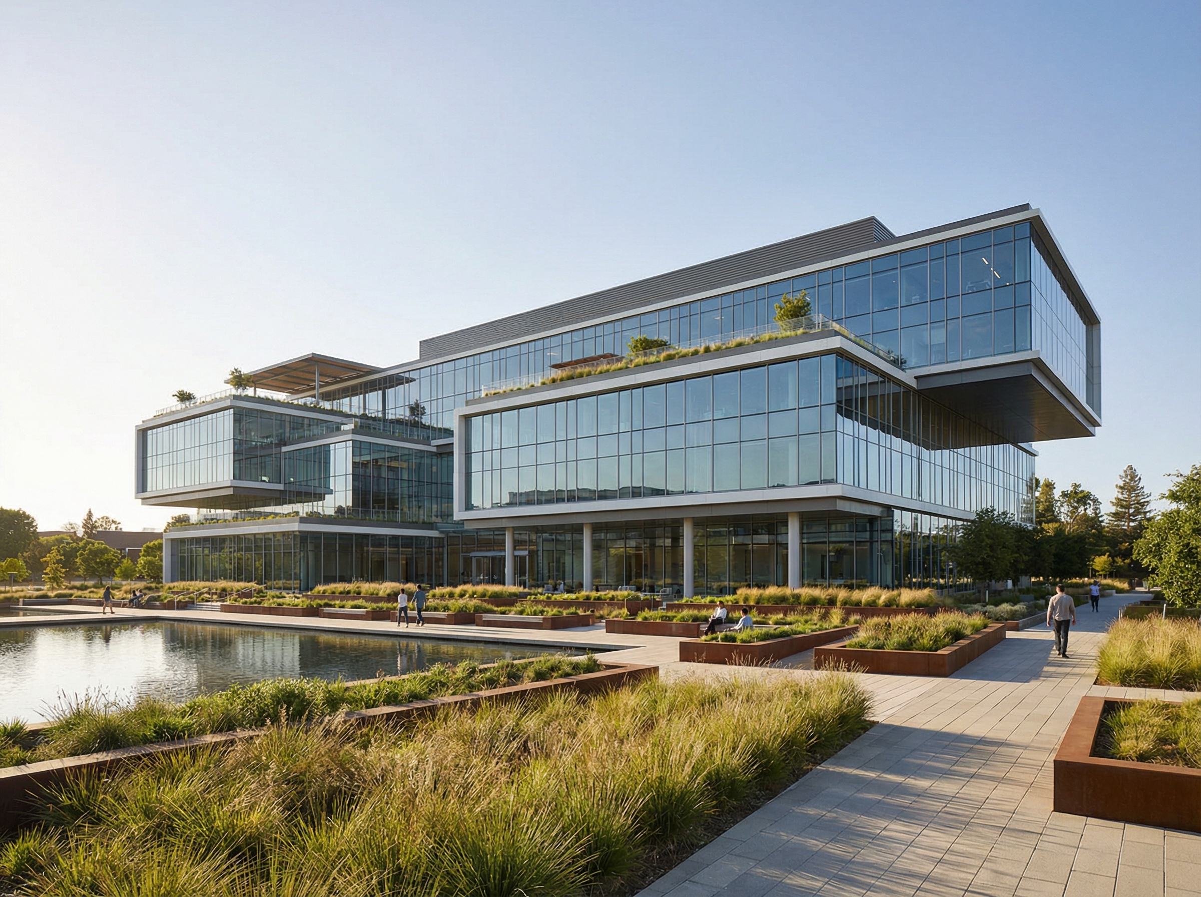 A wide view of a modern tech corporate headquarters with glass walls and professional landscaping, sunny daylight, sleek architectural design, 4:3 aspect ratio, no text