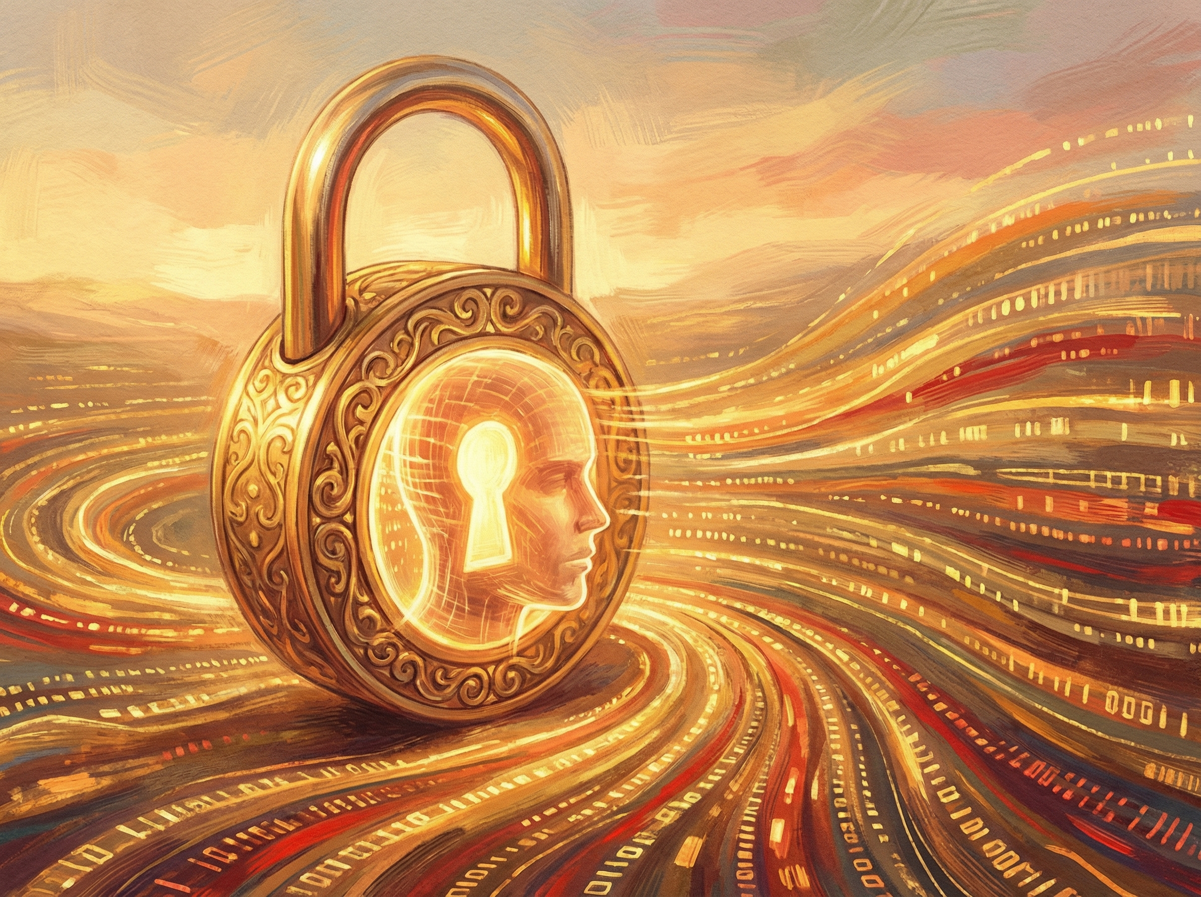 An artistic illustration of a golden padlock protecting a digital human profile, glowing data streams in the background, warm lighting, 4:3 aspect ratio, no text