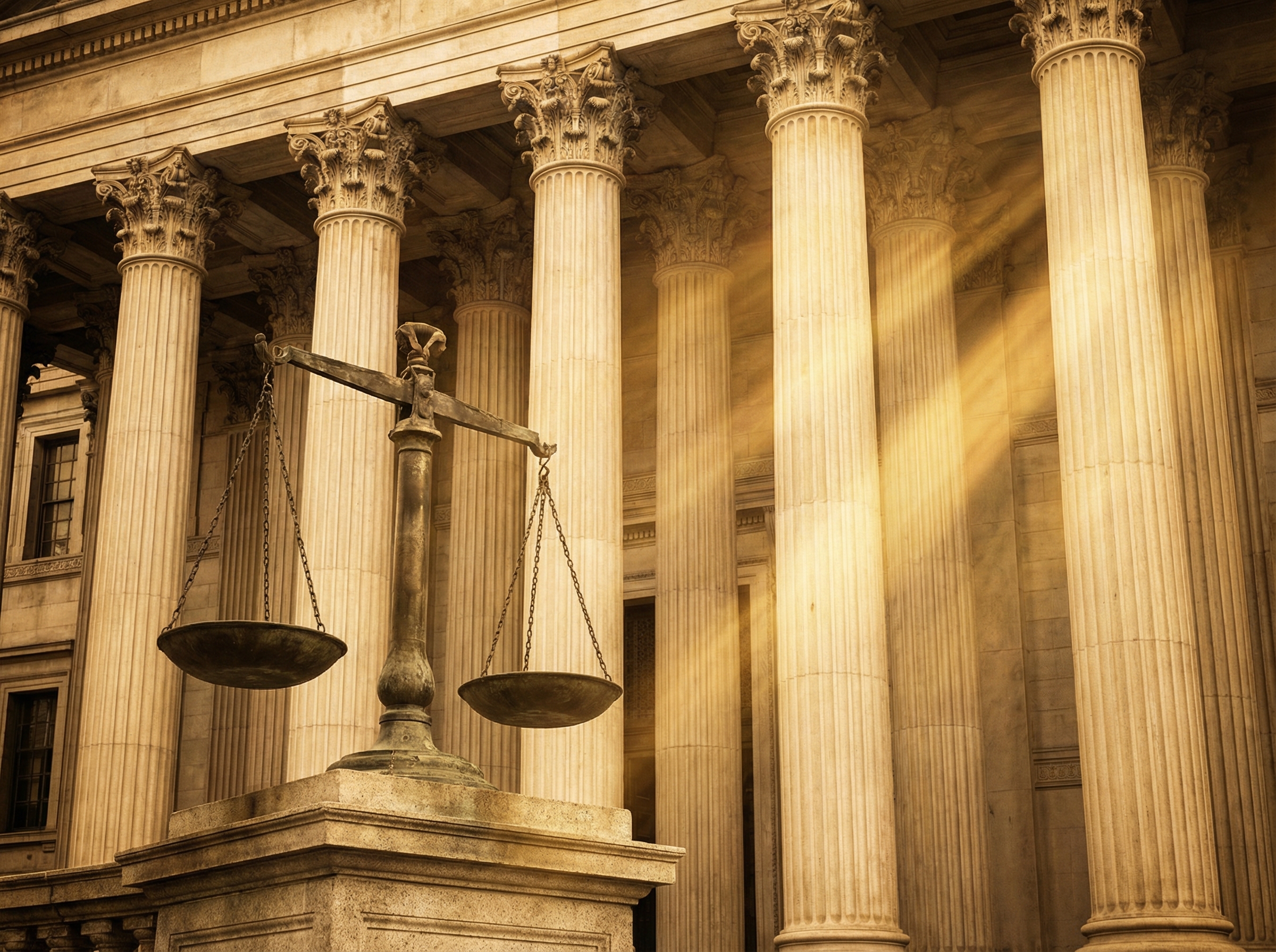 A dignified composition of a classical courthouse facade with a symbolic scale of justice, dramatic sunlight filtering through columns, 4:3 aspect ratio, no text