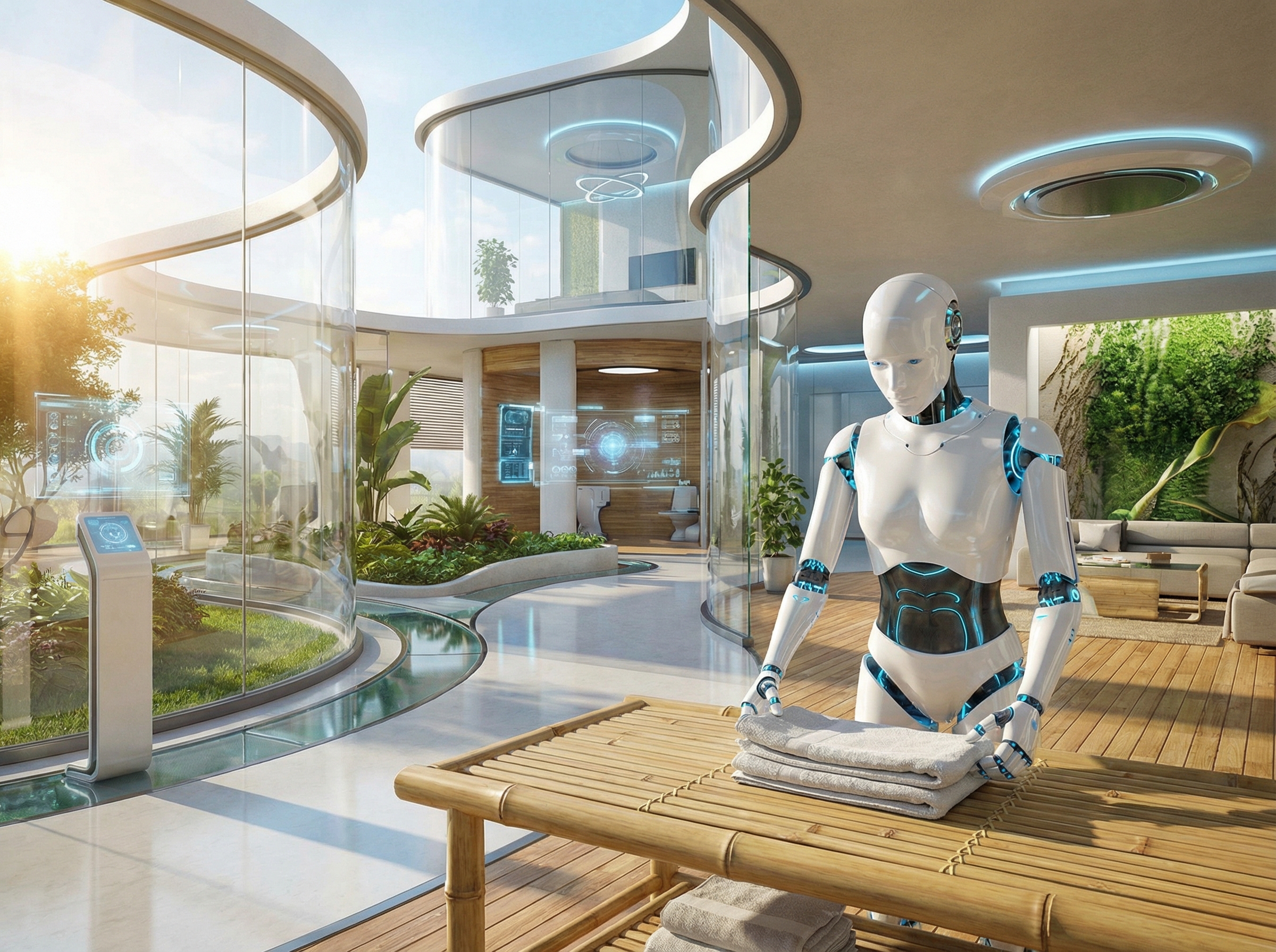 A futuristic home setting where a sleek white AI service robot is assisting with household chores like folding laundry. The lighting is bright and natural, reflecting a modern smart home environment. 4:3 aspect ratio, no text.