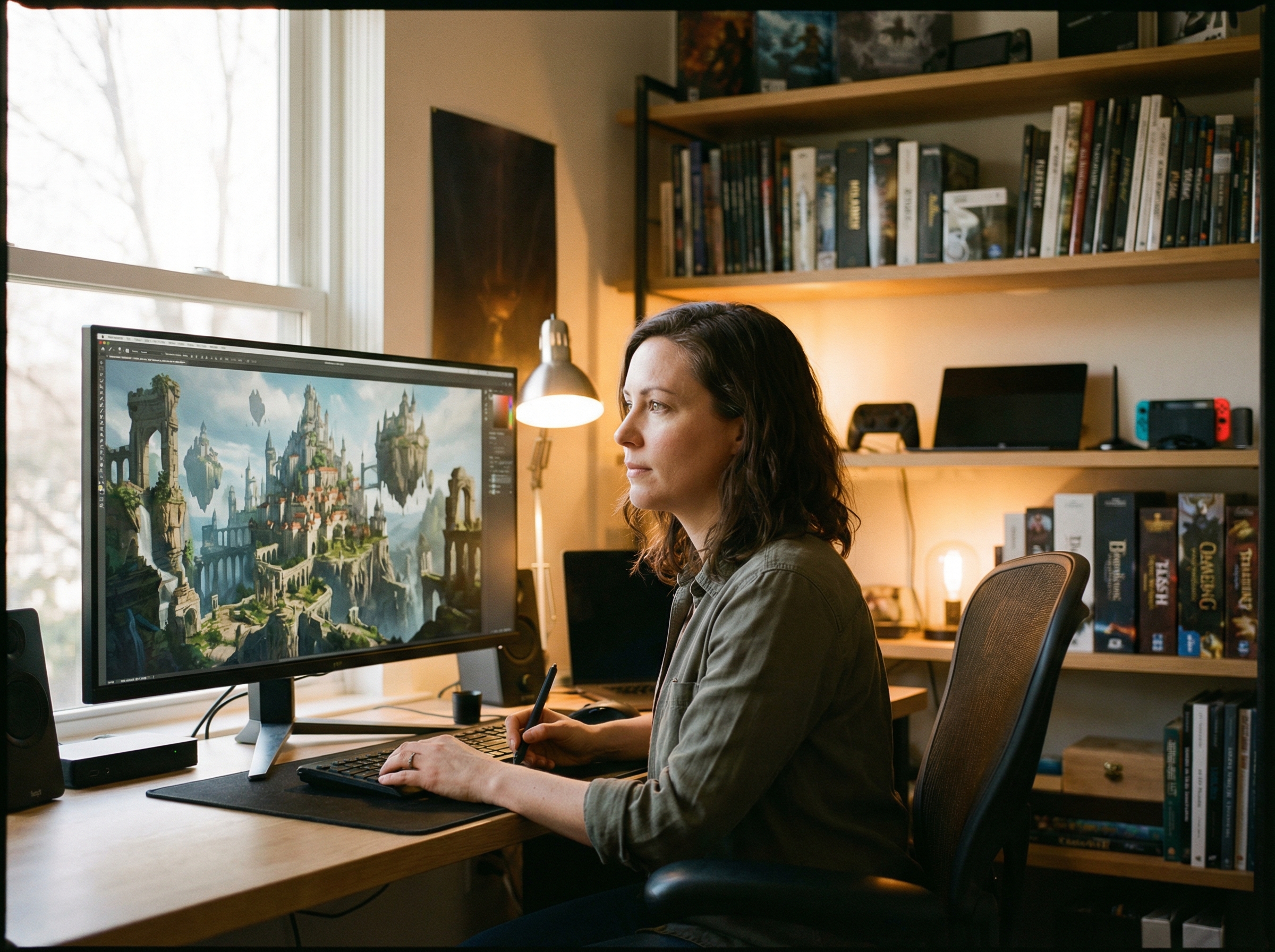 A professional game developer sitting in a modern studio, looking thoughtfully at a large monitor displaying fantasy landscape concept art, warm cinematic lighting, high quality photography, 4:3