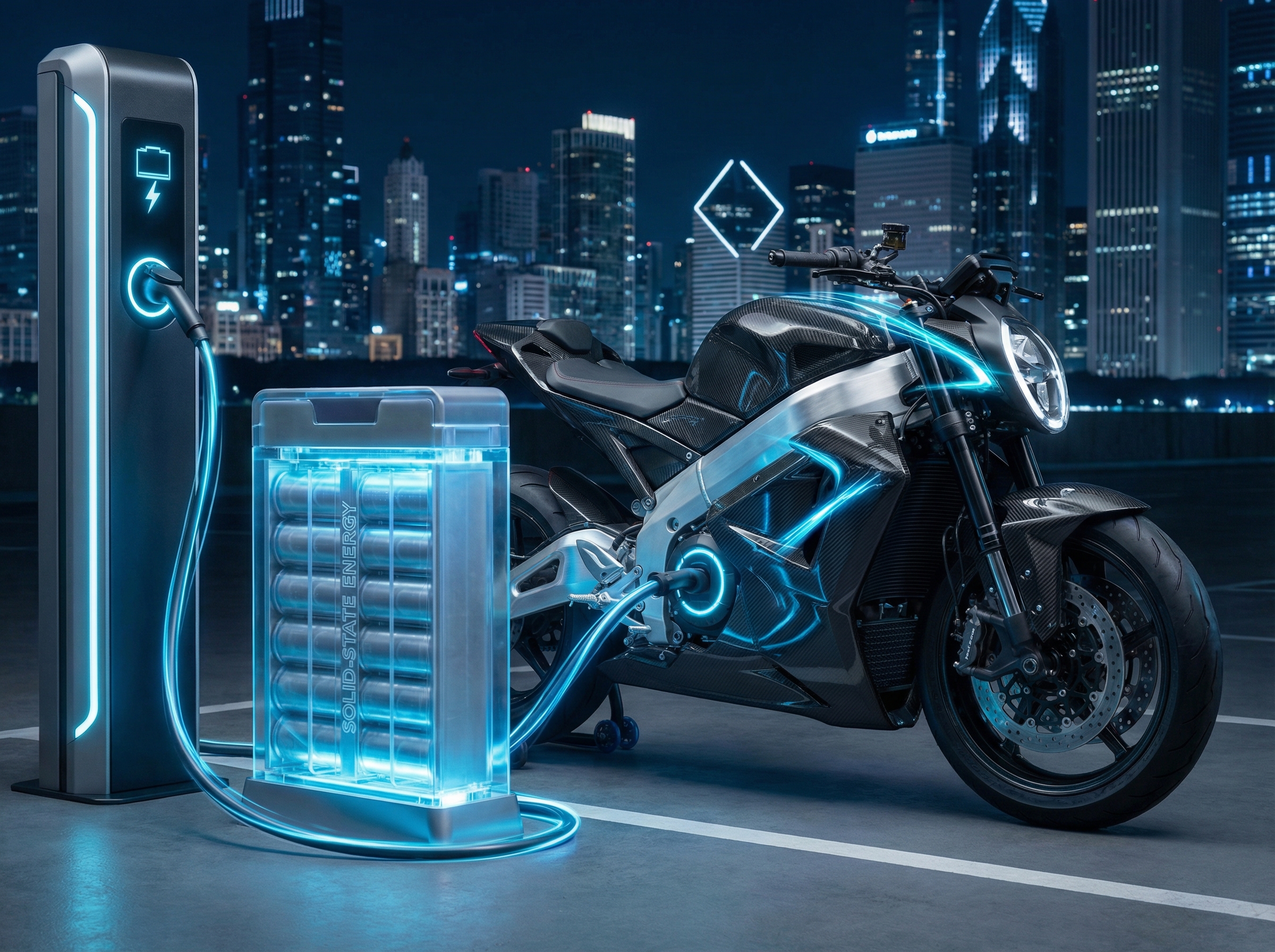 A high-tech electric motorcycle being charged at a sleek charging station. The scene emphasizes a futuristic solid-state battery unit visible in the frame. Energetic blue lighting, professional photography style. 4:3 aspect ratio, no text.