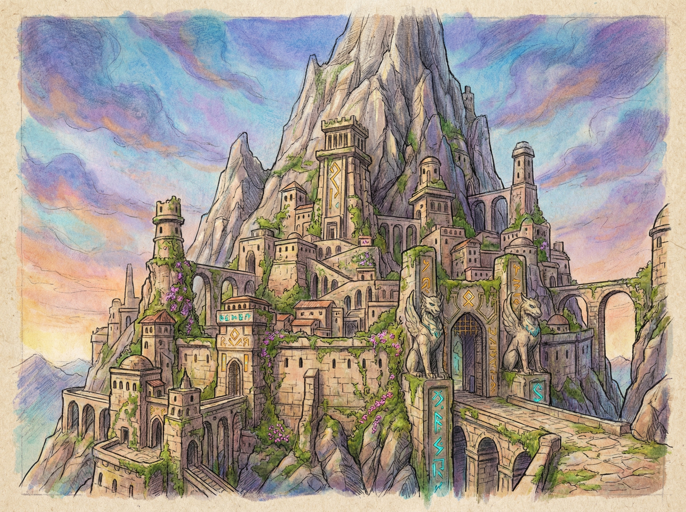 Detailed hand-drawn fantasy concept art of a majestic ancient city carved into a mountain, vibrant colors, artistic rendering, textured background, high resolution, 4:3