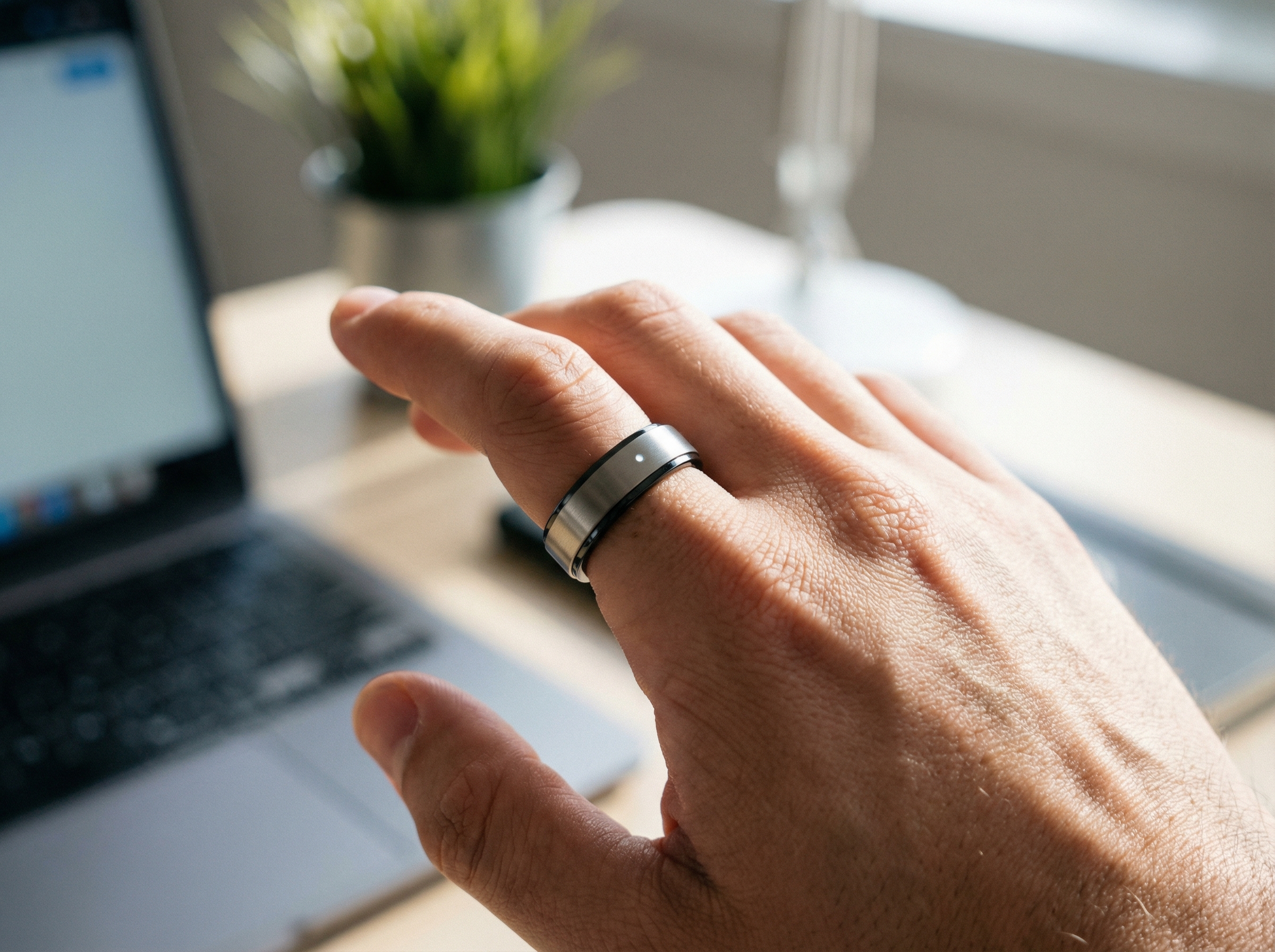 Close-up of a person wearing a minimalist high-tech smart ring on their finger. Subtle LED indicator on the ring suggests it is active. Soft office lighting, professional and clean aesthetic. 4:3 aspect ratio, no text.