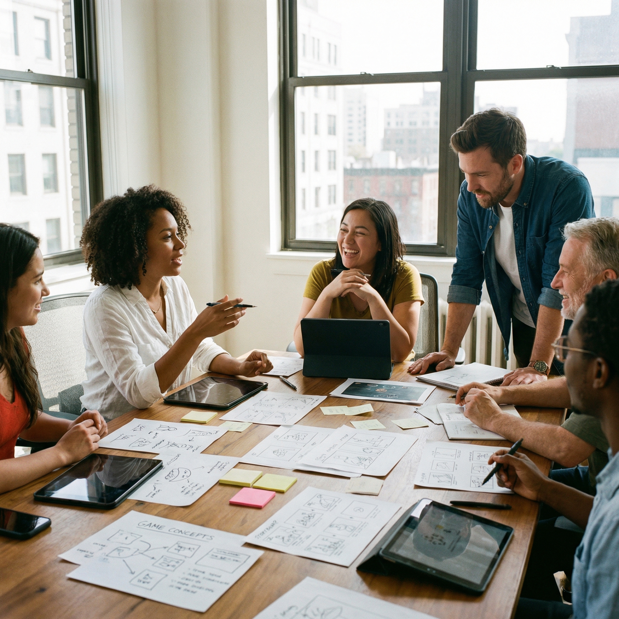 A diverse group of creative game developers having a passionate discussion around a table in a bright office, sketches and notes spread out, natural lighting, lifestyle photography, 1:1