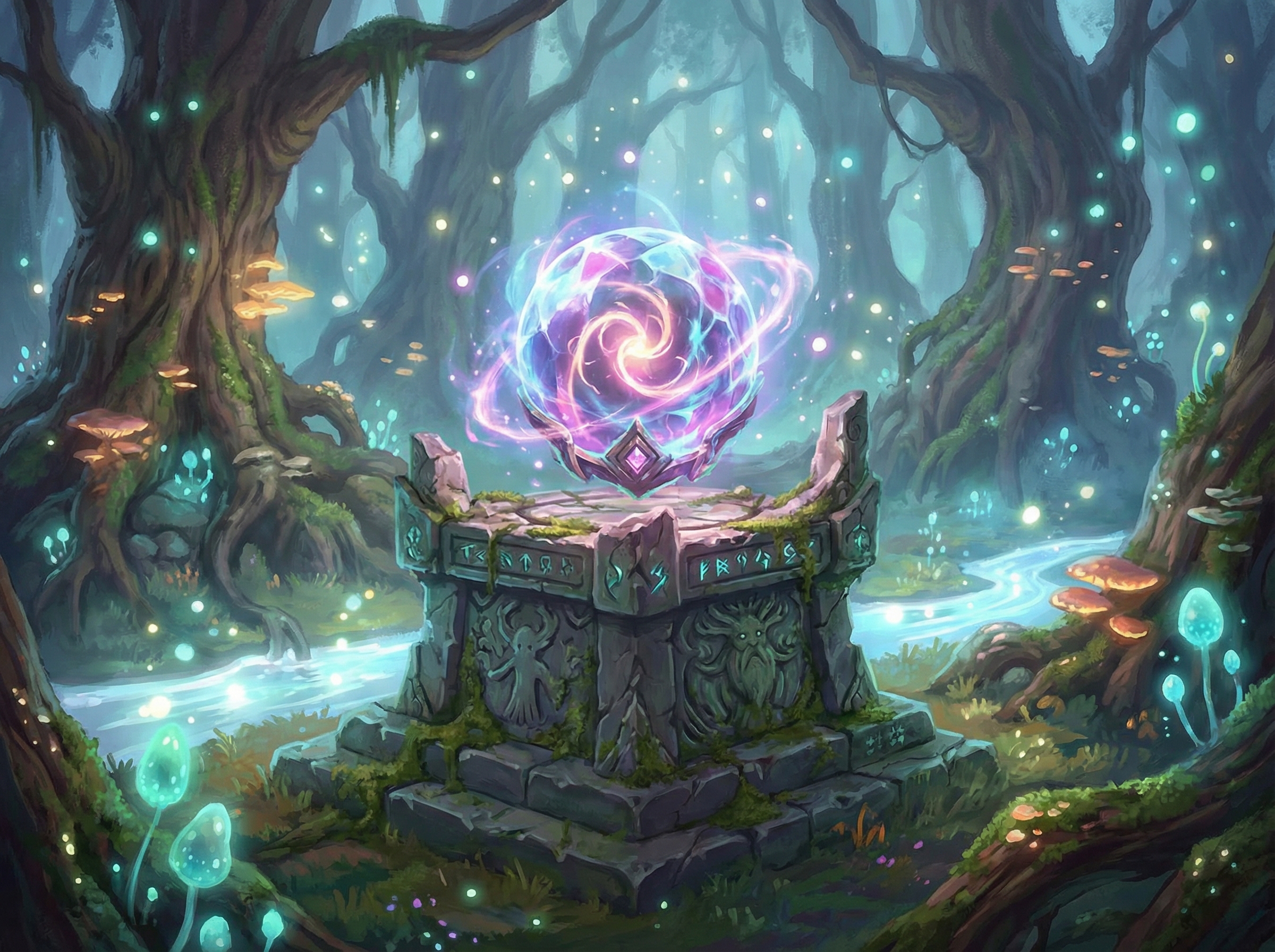 A glowing magical artifact placed on an ancient stone altar in a mystical forest, ethereal atmosphere, visually rich with light particles, artistic illustration, 4:3