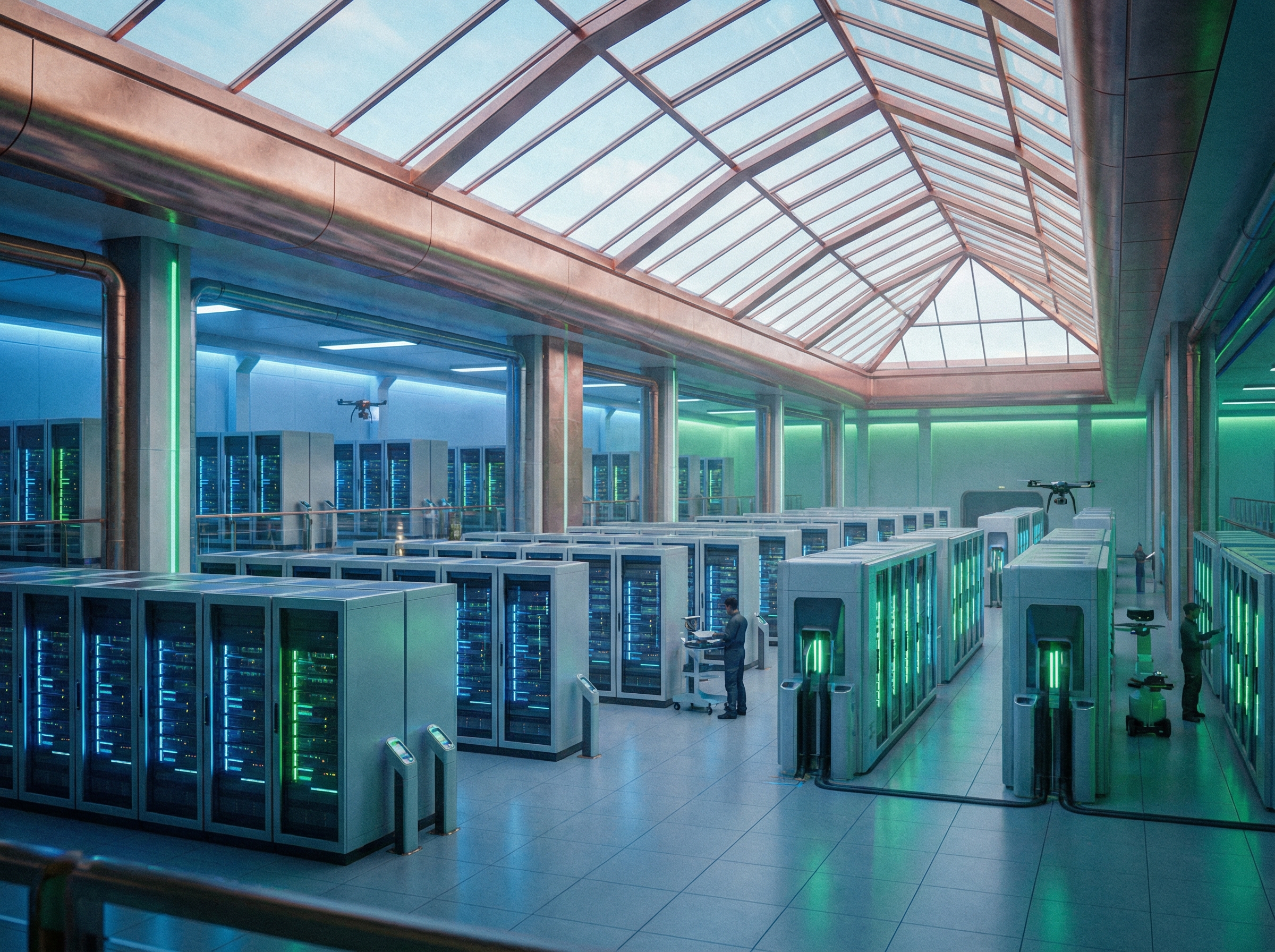 A futuristic data center facility integrated with advanced energy infrastructure, clean high-tech architecture, soft blue and green ambient lighting, realistic cinematic lighting, no text, 4:3