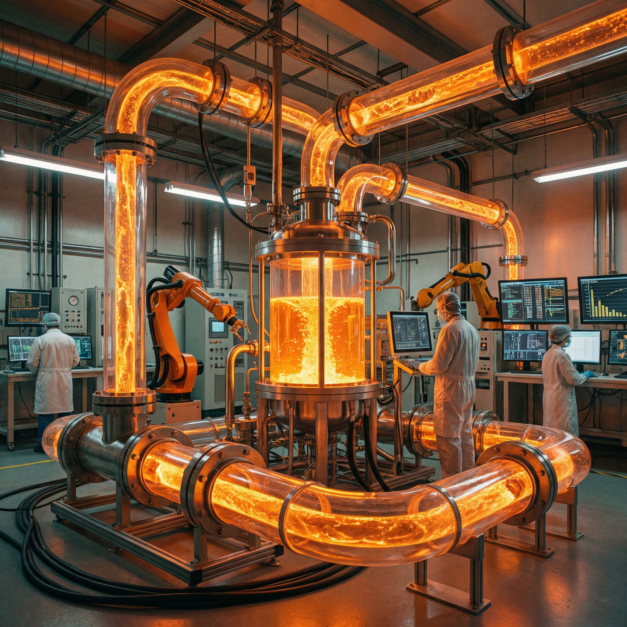 An advanced energy storage system using molten sodium, glowing orange liquid flowing through insulated pipes, high-tech industrial laboratory, detailed composition, 1:1