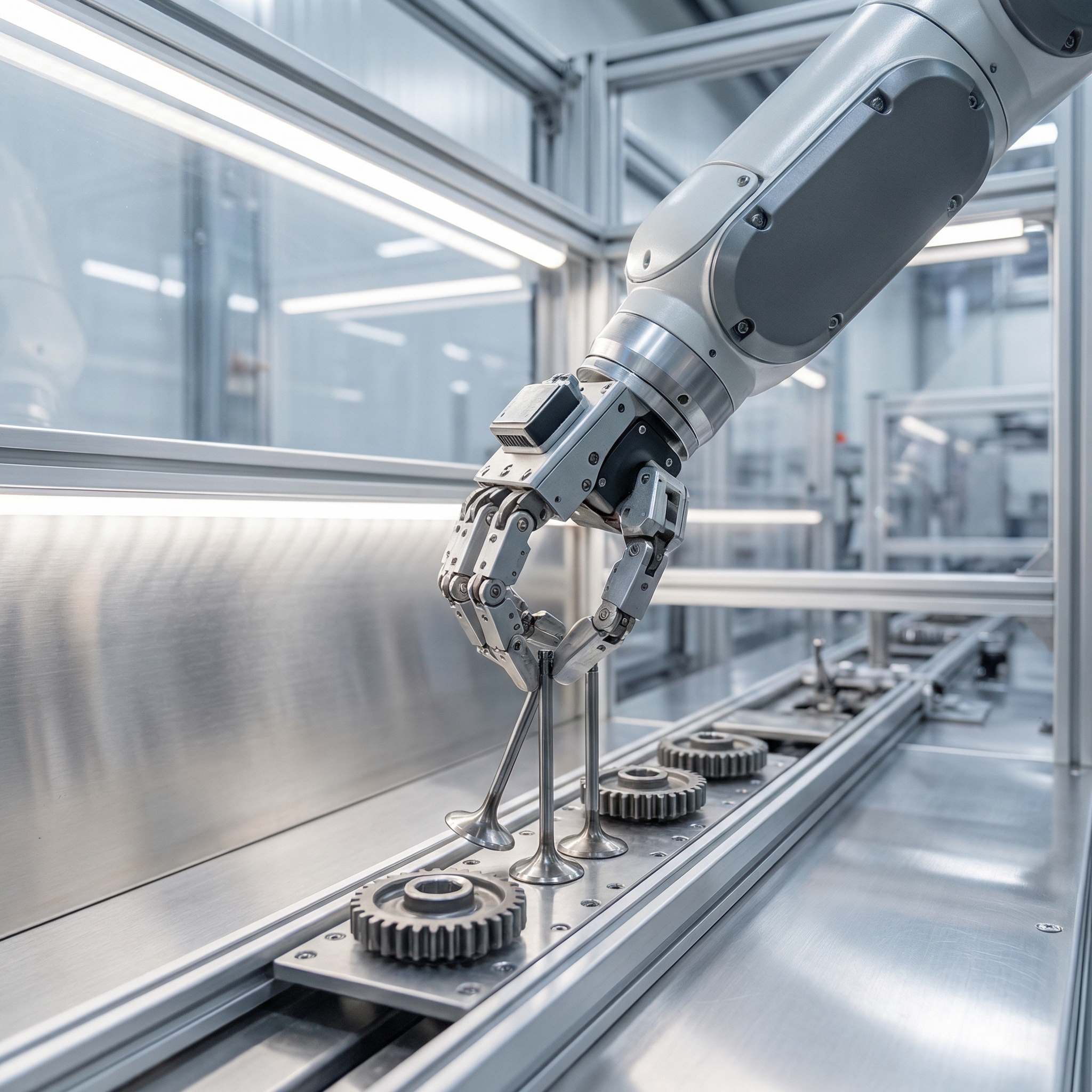 Close-up of a high-tech humanoid robot arm precisely handling car engine parts in a clean, modern factory setting, soft industrial lighting, 1:1 aspect ratio, no text.