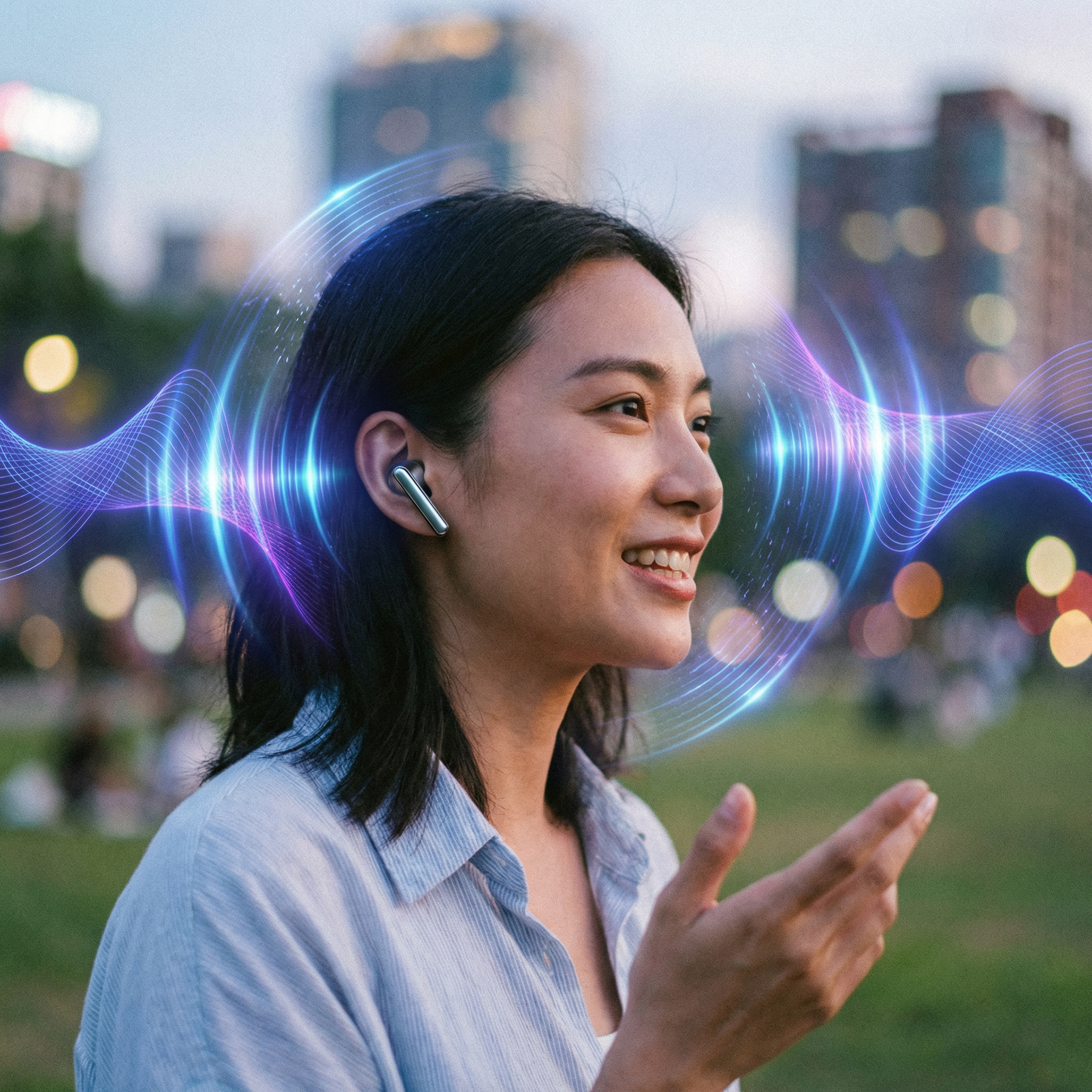 An artistic representation of a person wearing sleek, screenless earbuds talking to an invisible AI assistant, soft bokeh background, digital waves suggesting sound, 1:1 aspect ratio, no text.