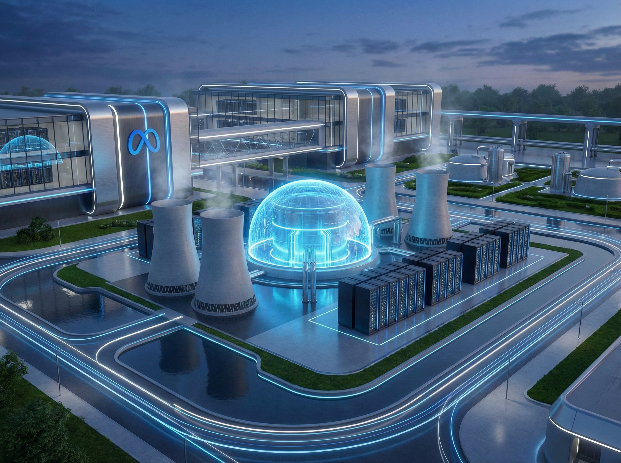 A futuristic Meta AI data center integrated with a glowing small modular nuclear reactor, high-tech architectural design, clean environment, blue and white lighting, cinematic atmosphere, 4:3 aspect ratio, no text
